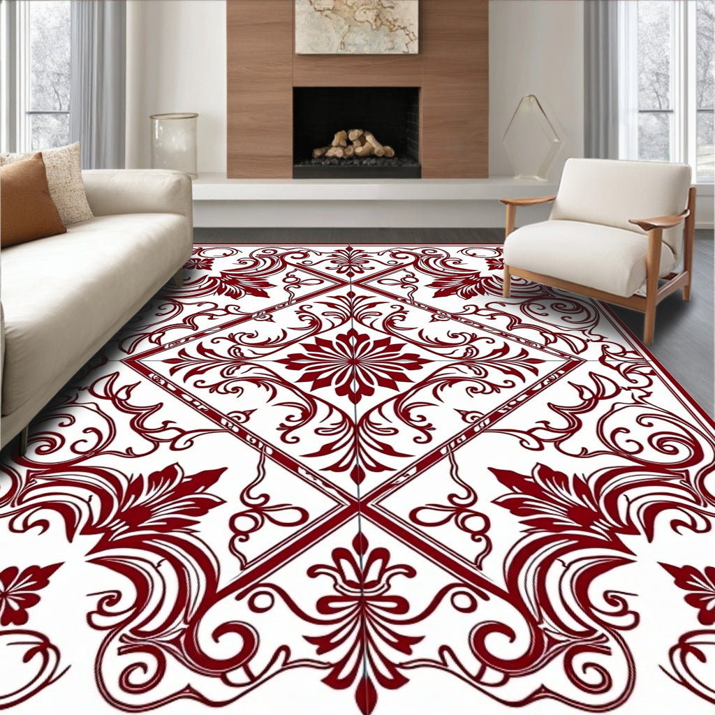 Elegant Red Scrollwork Floral Pattern Rug