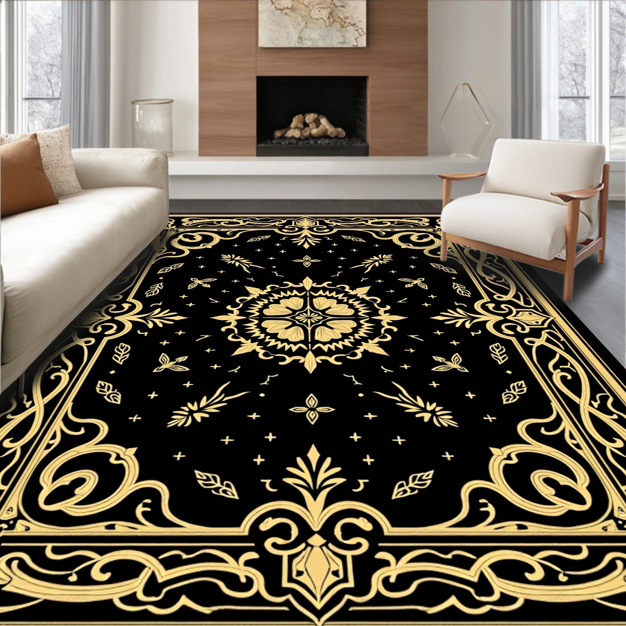 Elegant Black Gold Floral Border Rug