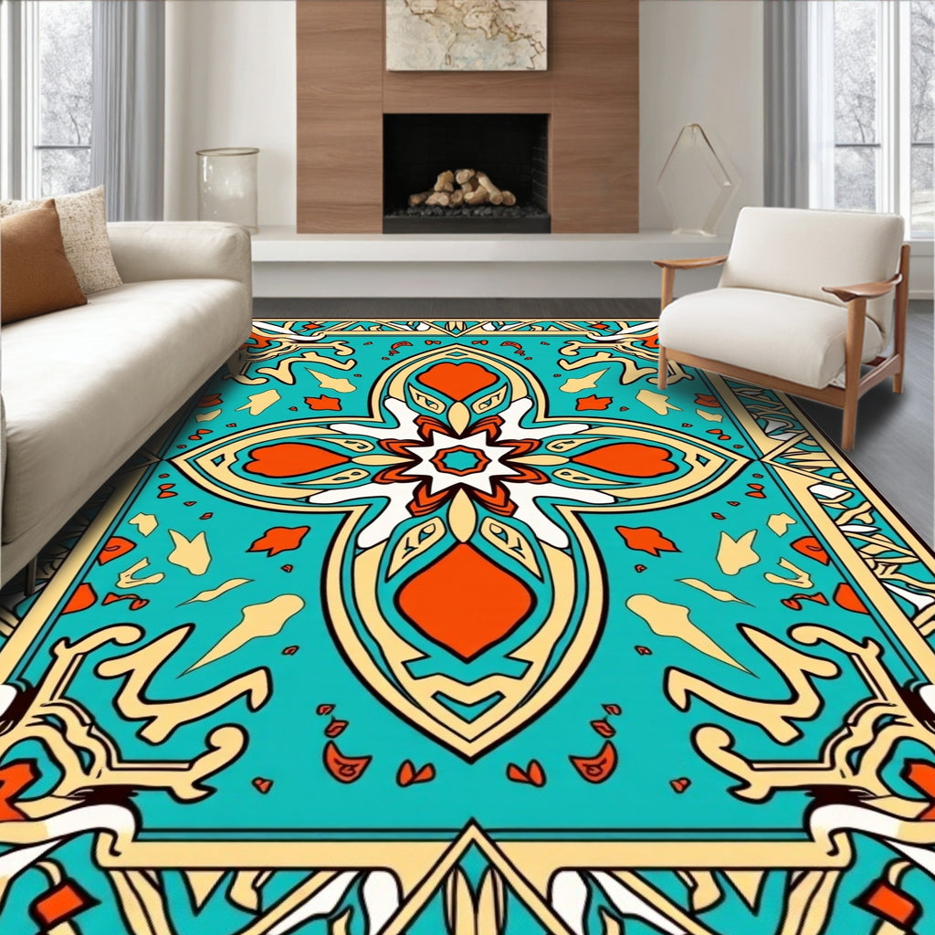Turquoise Orange Geometric Art Deco Rug