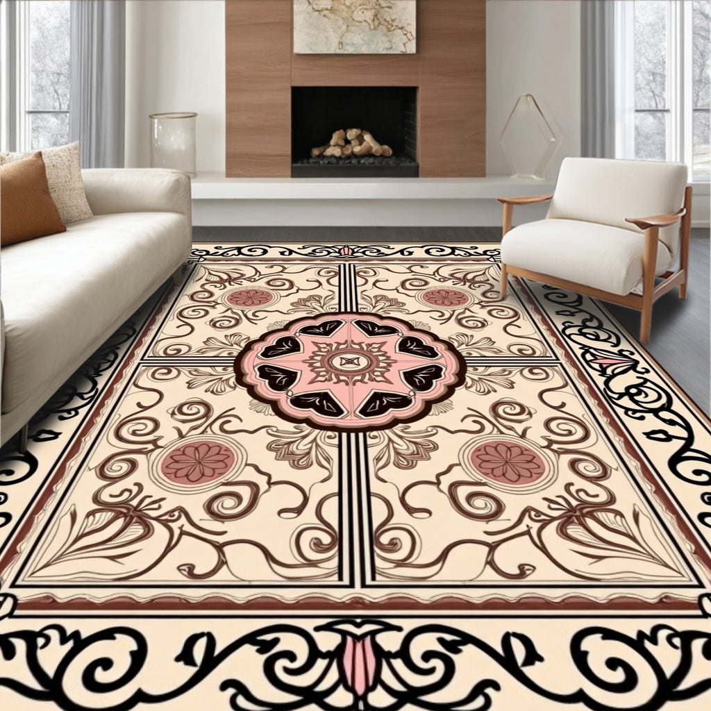 Classic Cream Rose Floral Filigree Rug
