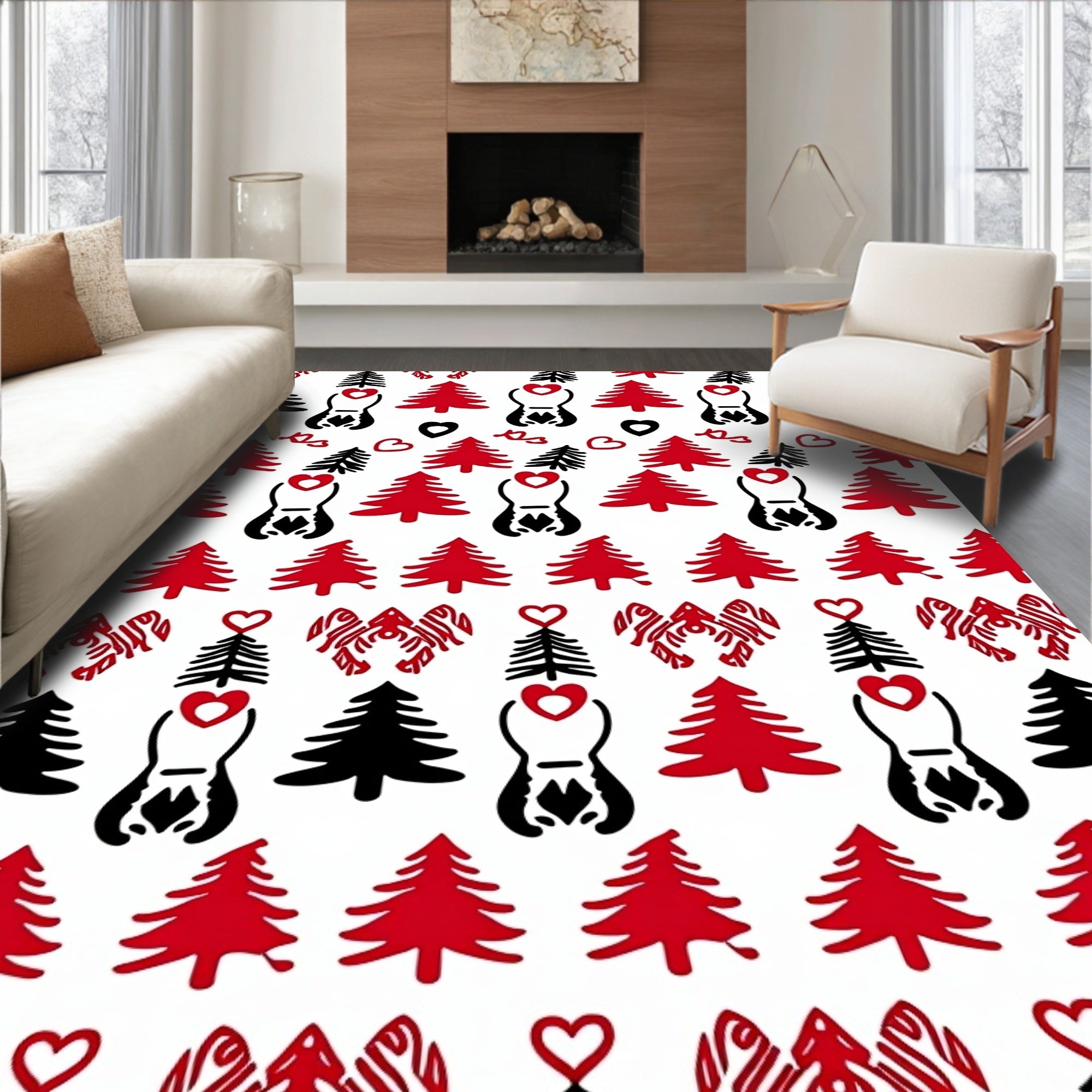 Red Black Hearted Tree Pattern Rug