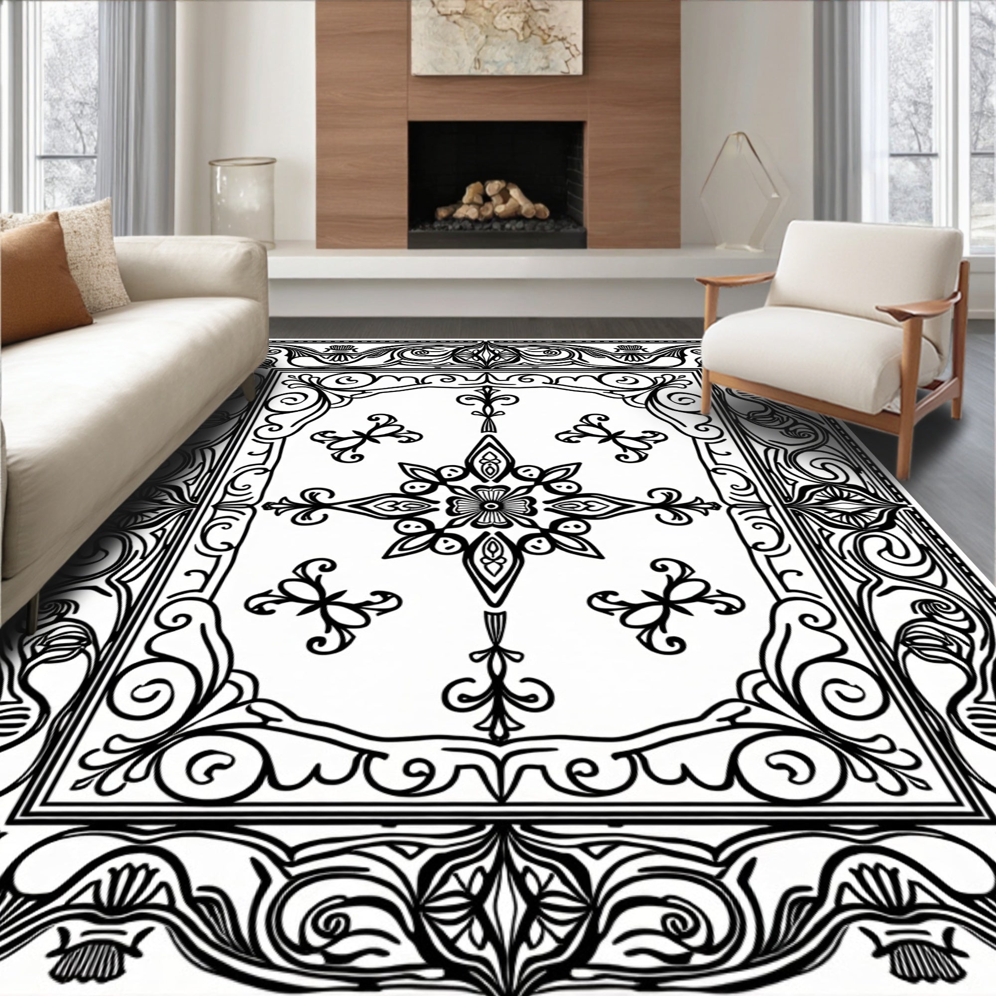 Ornate Scrollwork Floral Medallion Design Rug