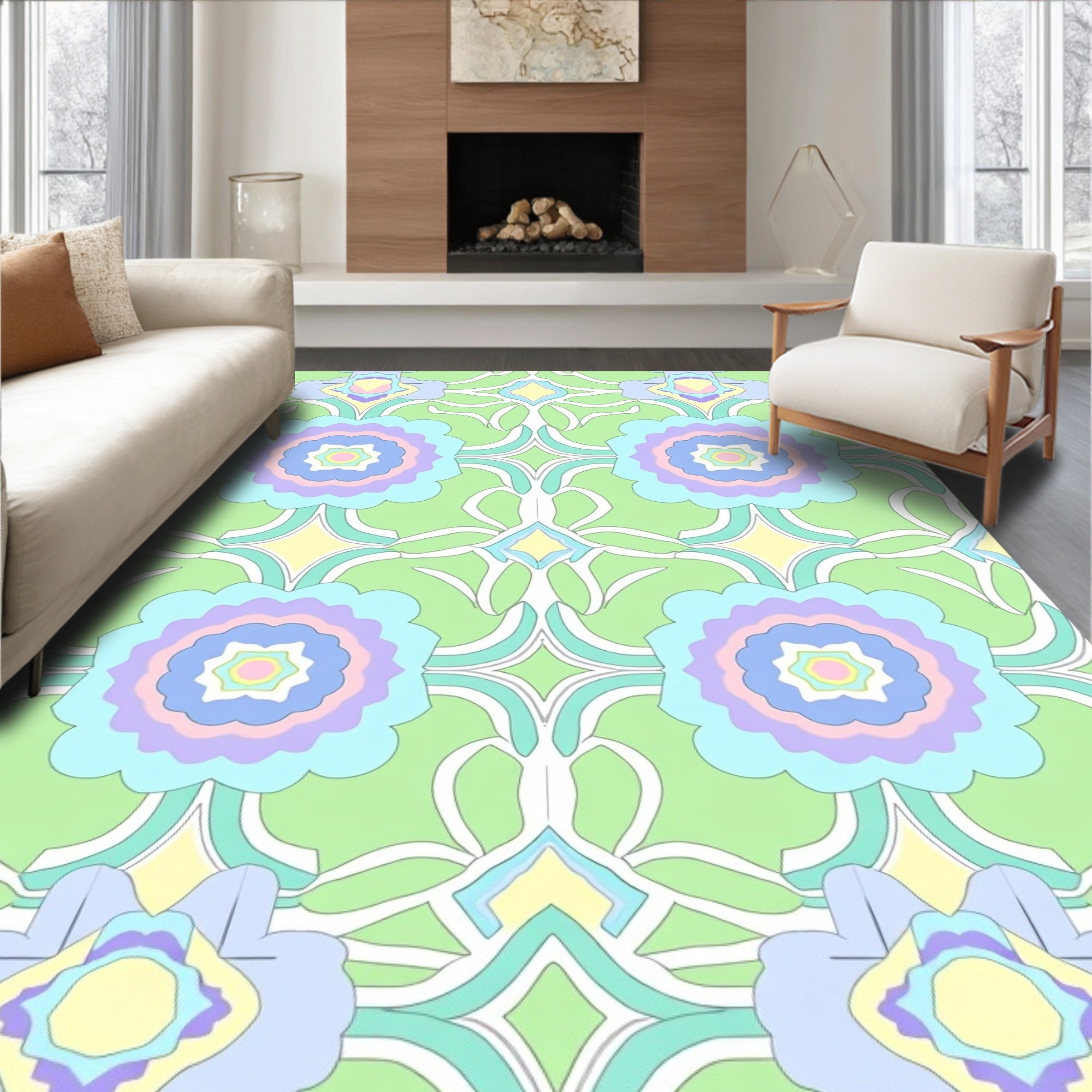 Pastel Floral Patterned Psychedelic Rug
