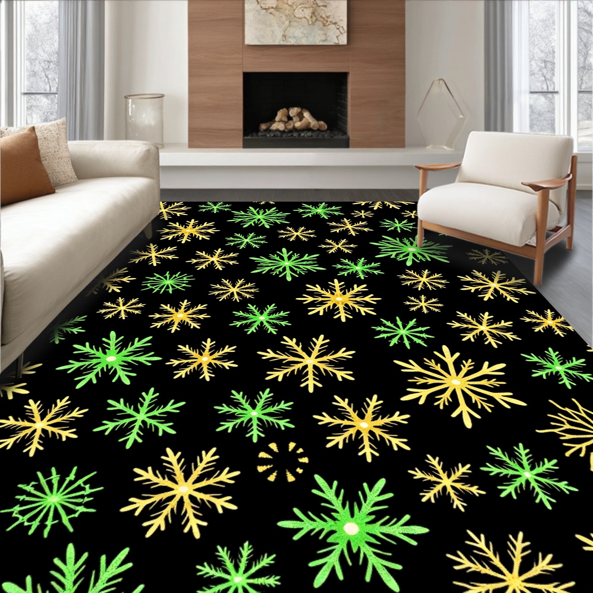 Golden Green Snowflake Scatter Rug
