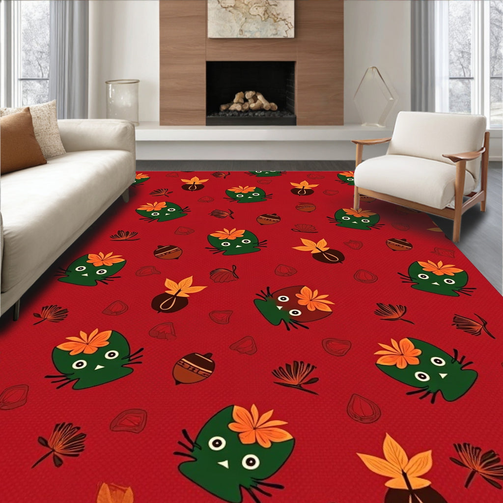 Cute Whimsical Cat Autumn Leaves Rug