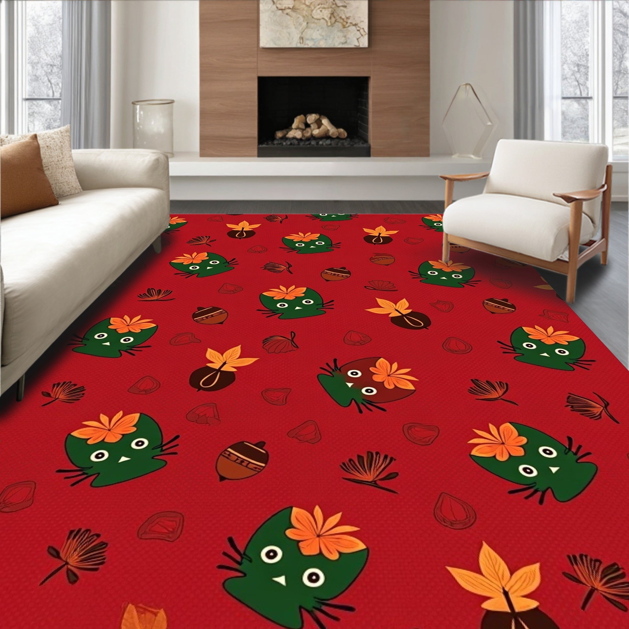 Cute Whimsical Cat Autumn Leaves Rug