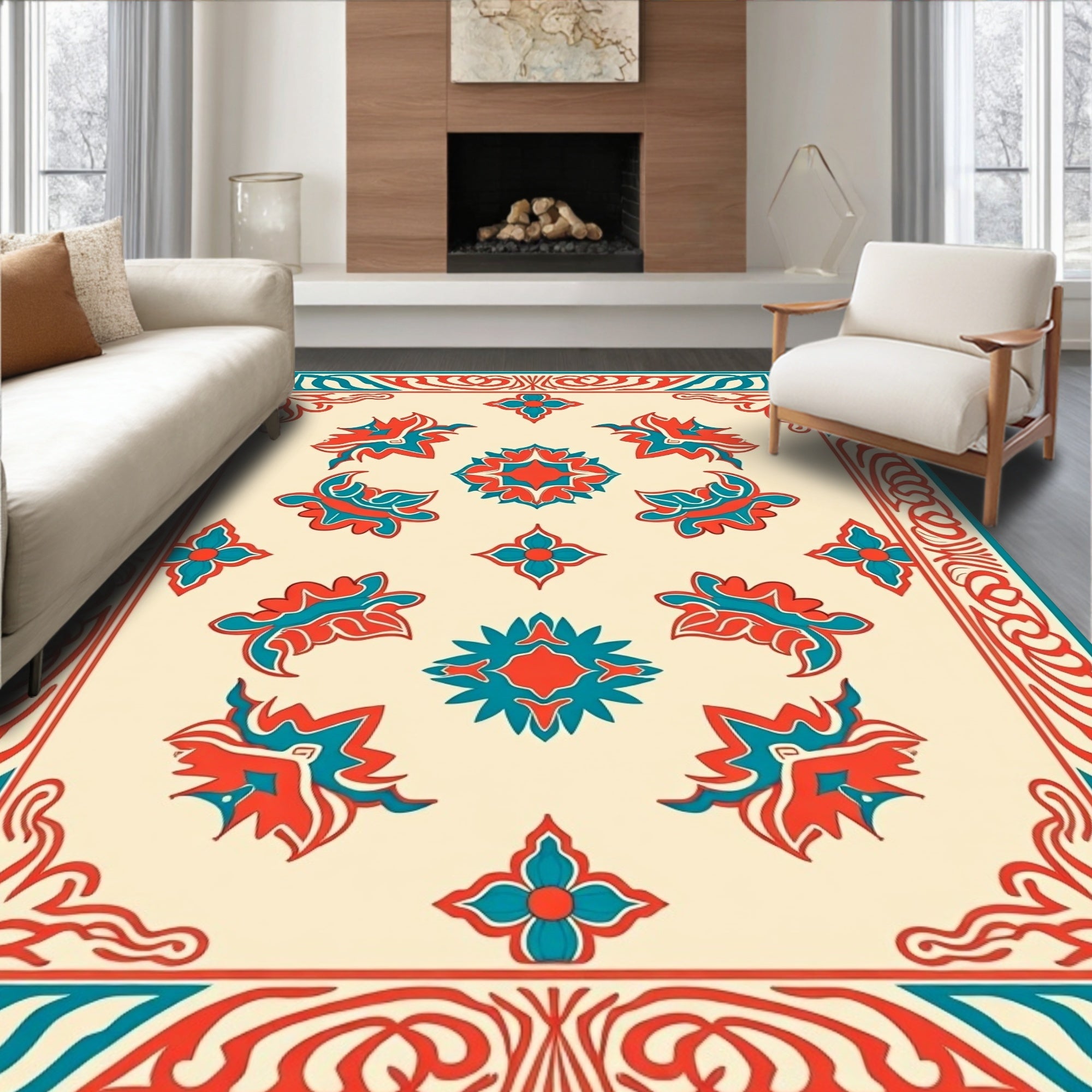 Red Teal Floral Garden Pattern Rug
