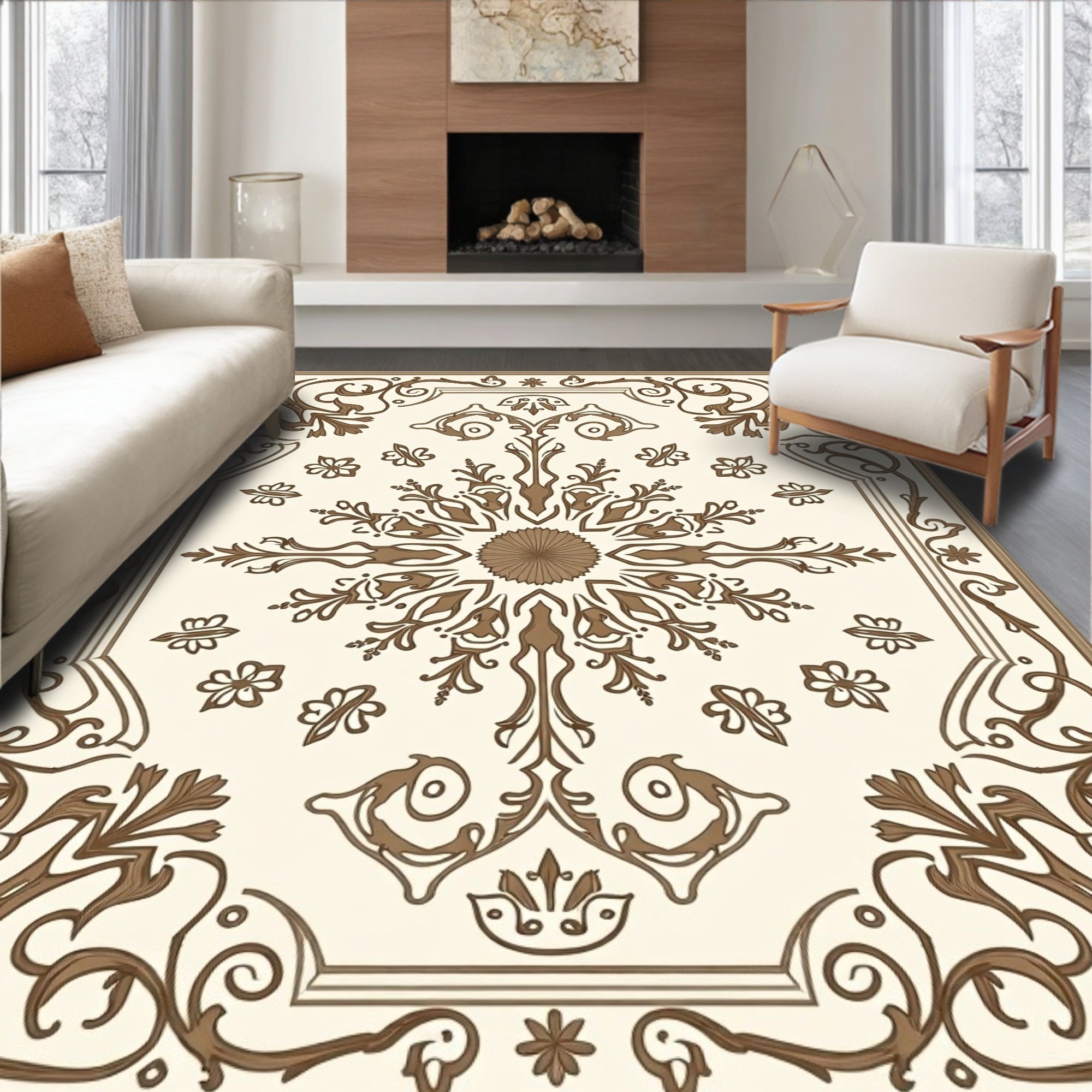 Classic Brown Floral Medallion Pattern Rug