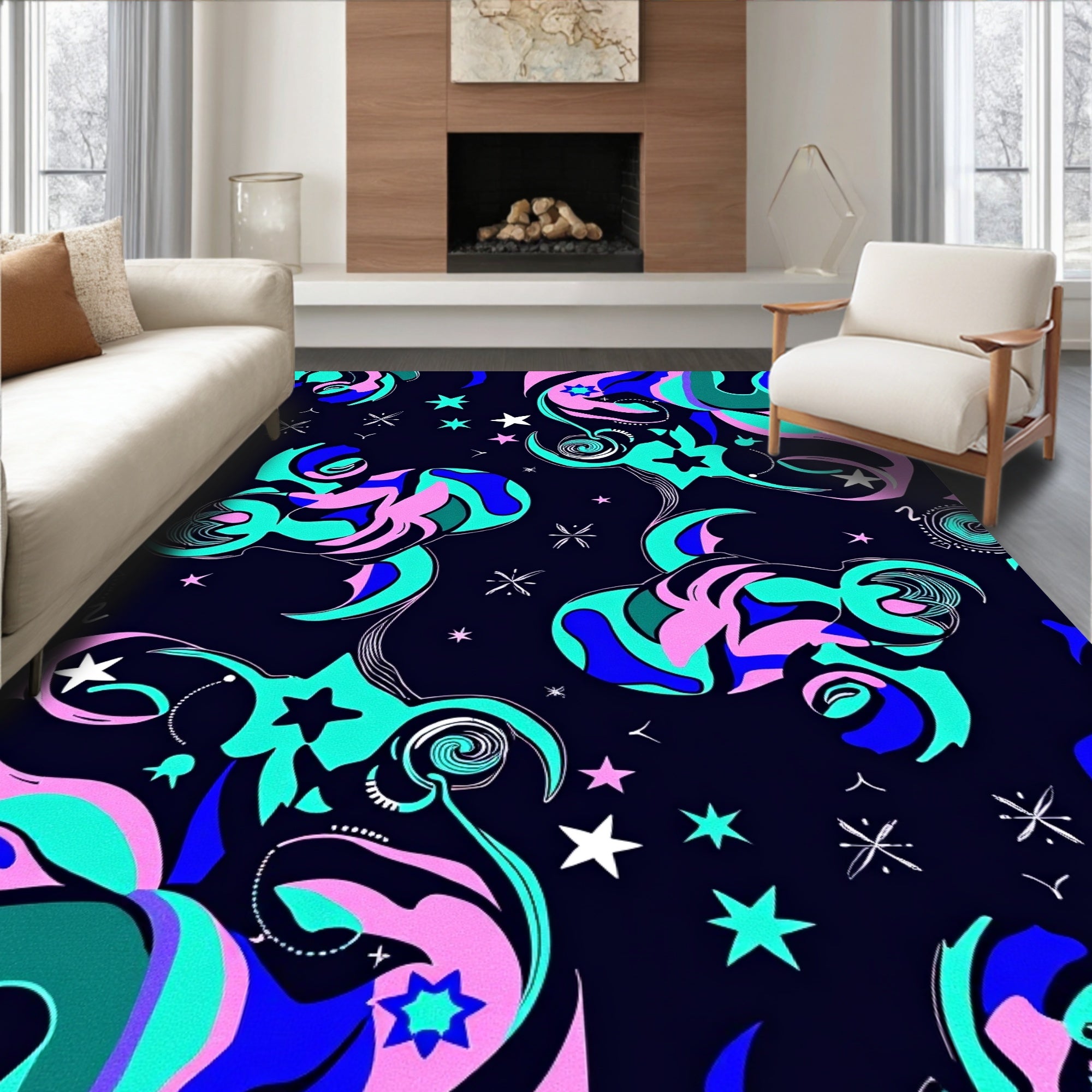 Cosmic Swirls Pink Aqua Blue Night Rug