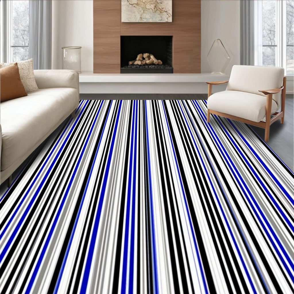 Vertical Blue Black White Stripes Pattern Rug