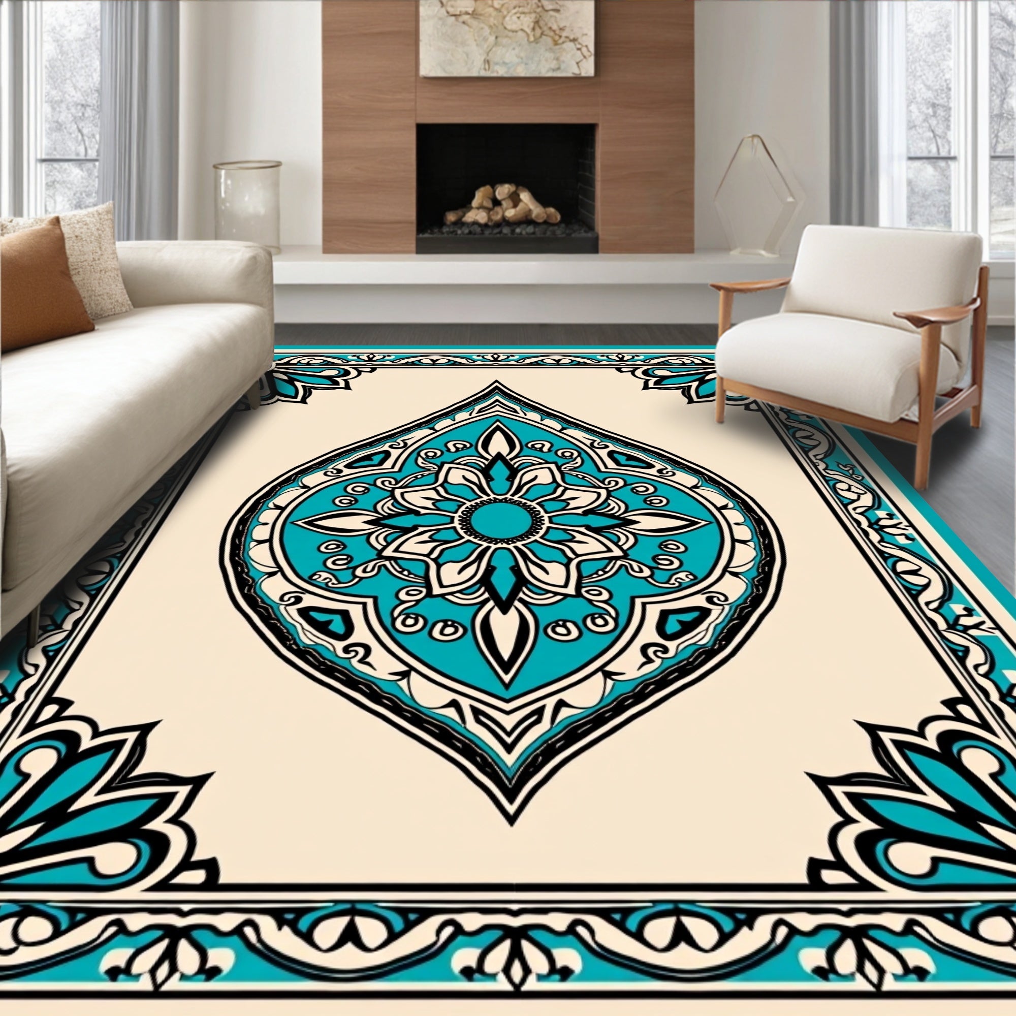 Teal Medallion Intricate Border Design Rug