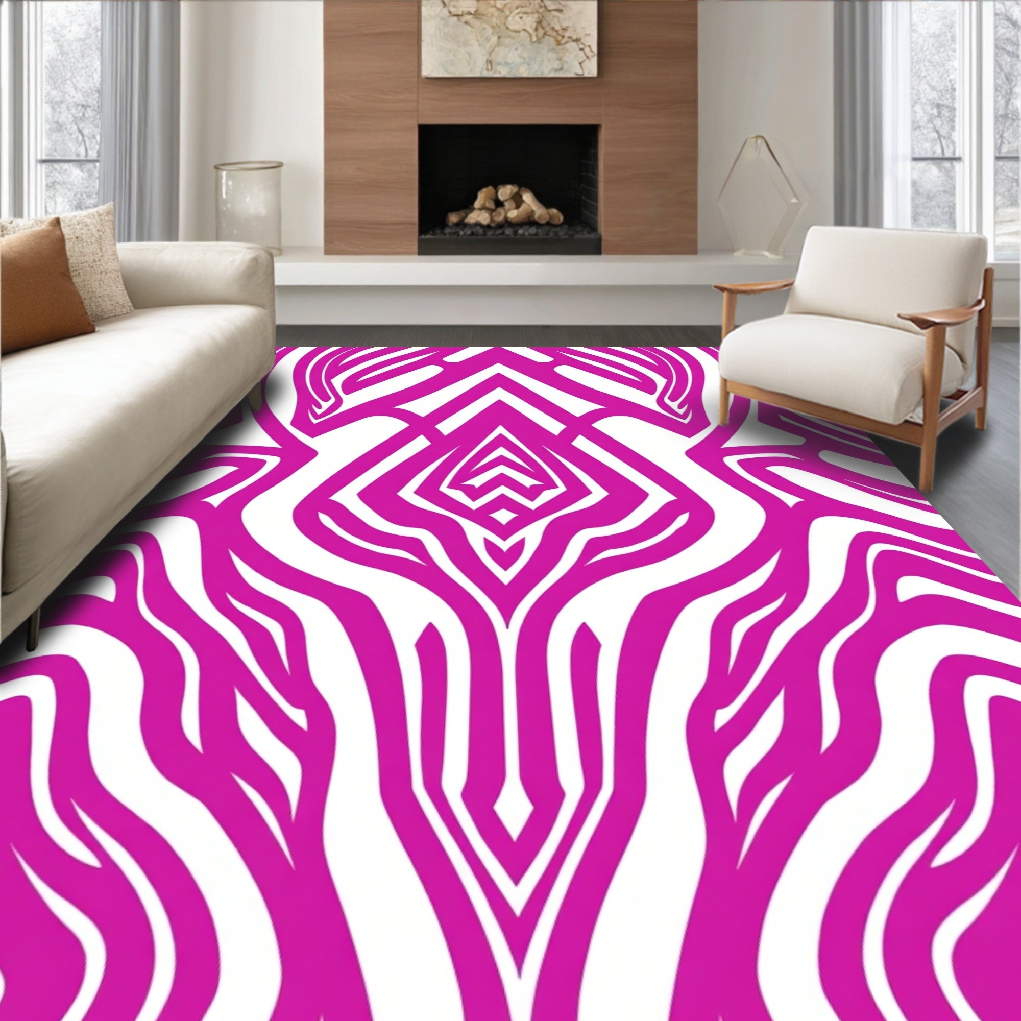 Vibrant Pink Abstract Zebra Stripe Pattern Rug