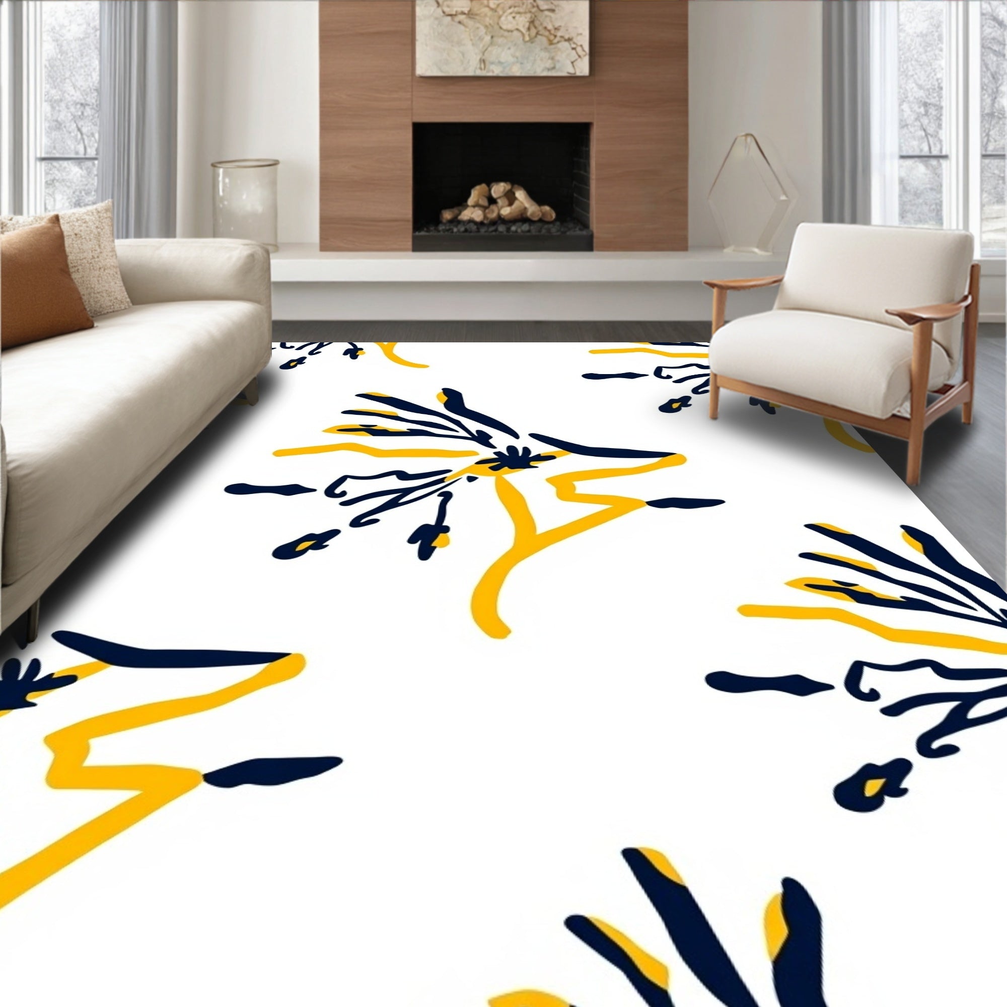 Dark Blue Yellow Floral Abstract Rug