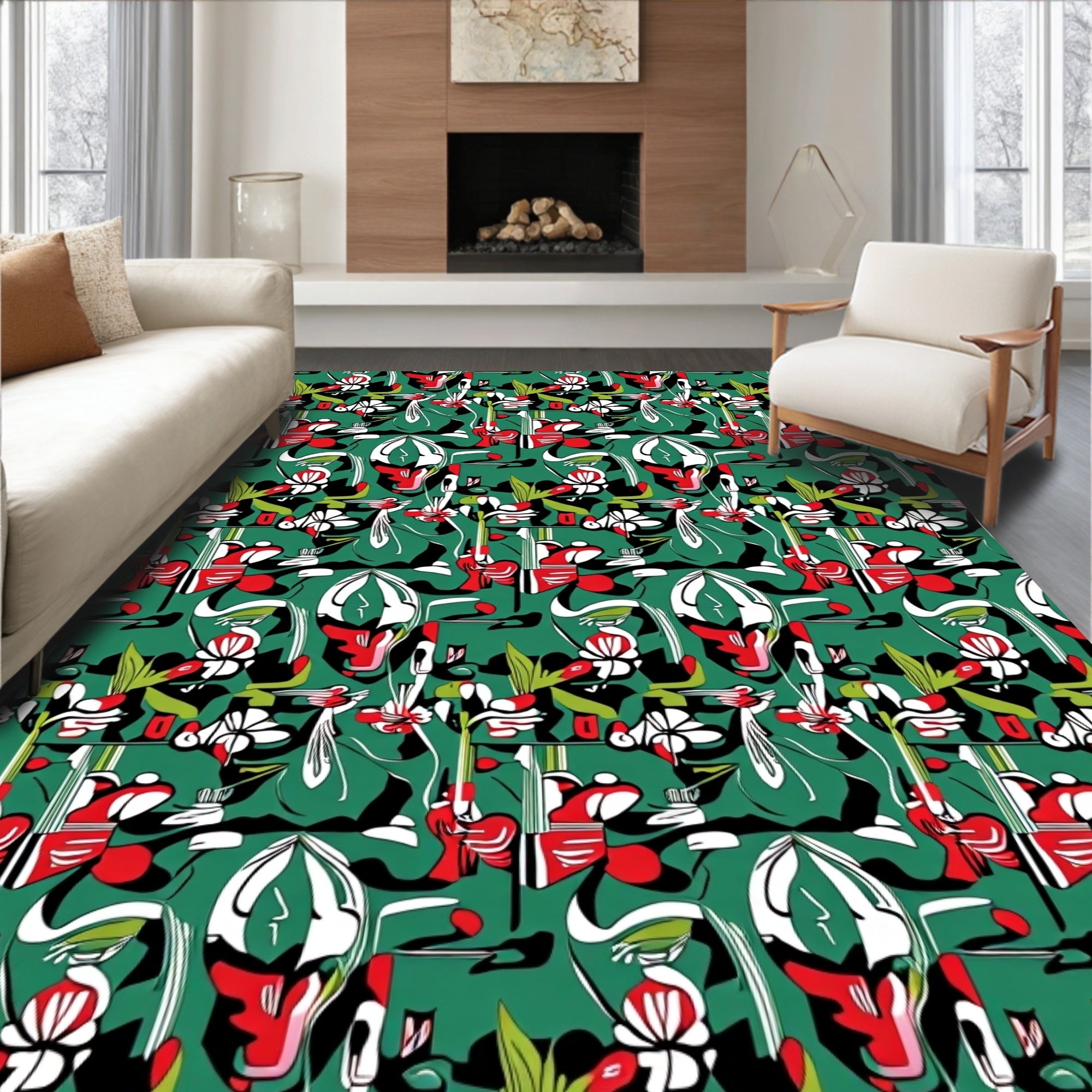 Vibrant Red White Abstract Floral Design Rug