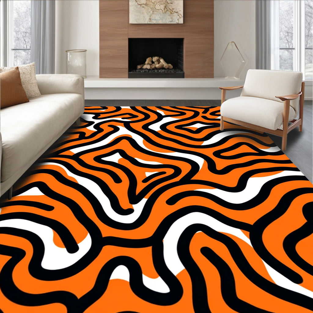Bold Black Orange Wavy Lines Design Rug