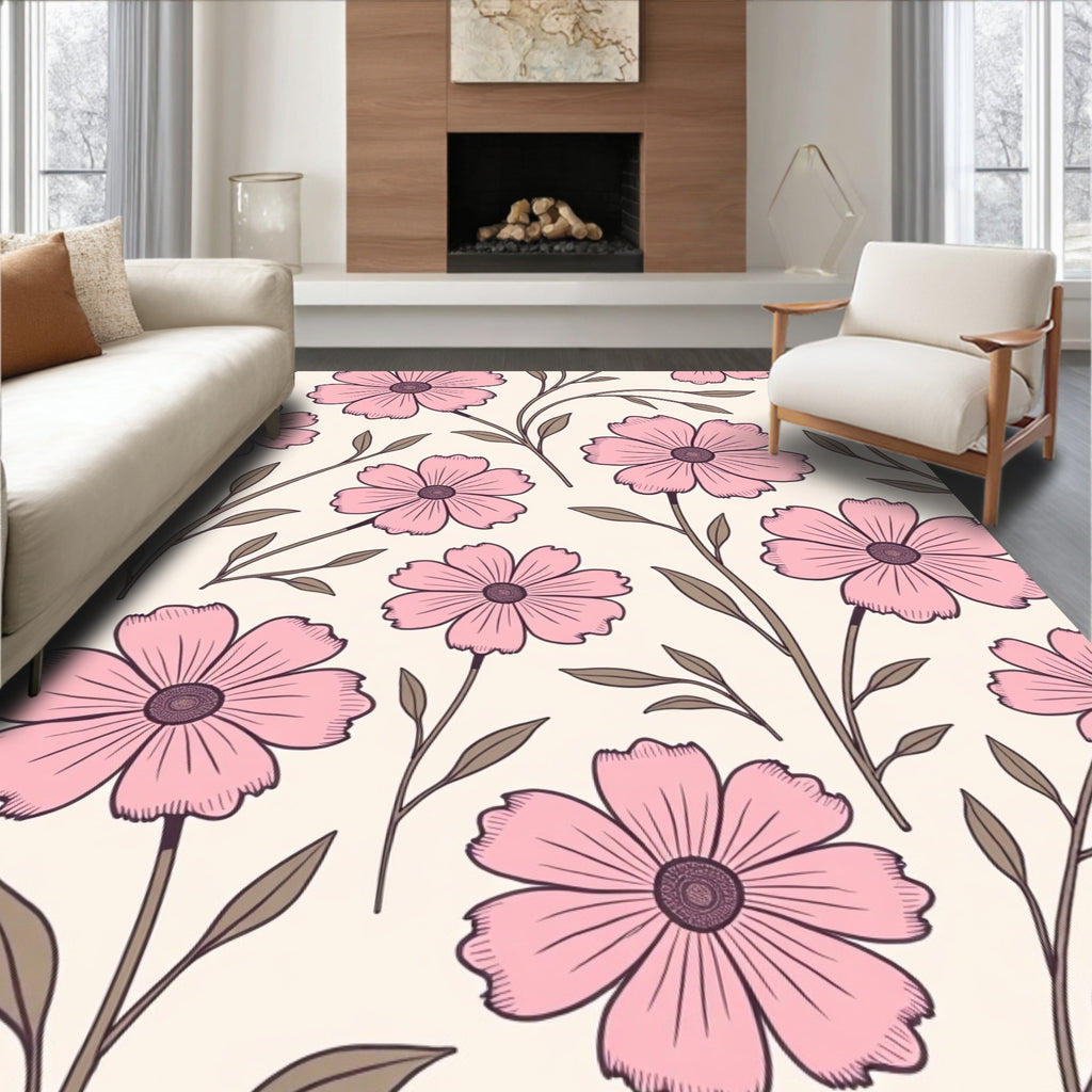 Pink Floral Stem Pattern Design Rug