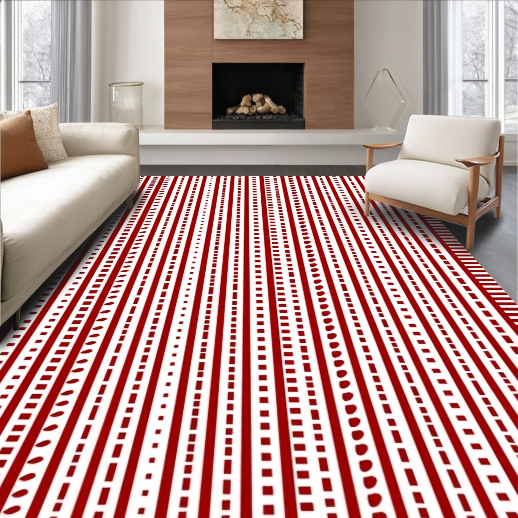 Red White Vertical Stripes Pattern Rug