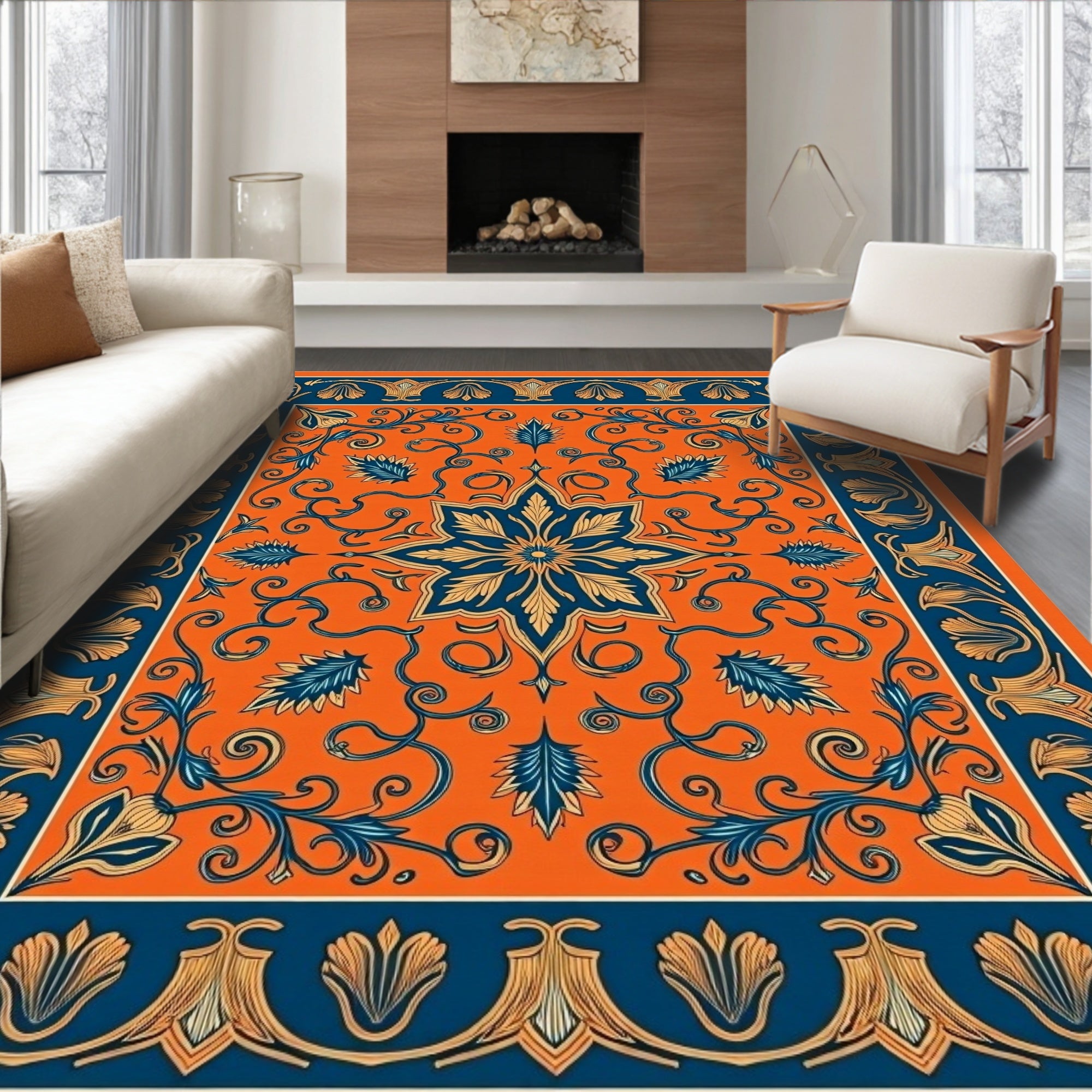 Orange Blue Floral Medallion Pattern Rug