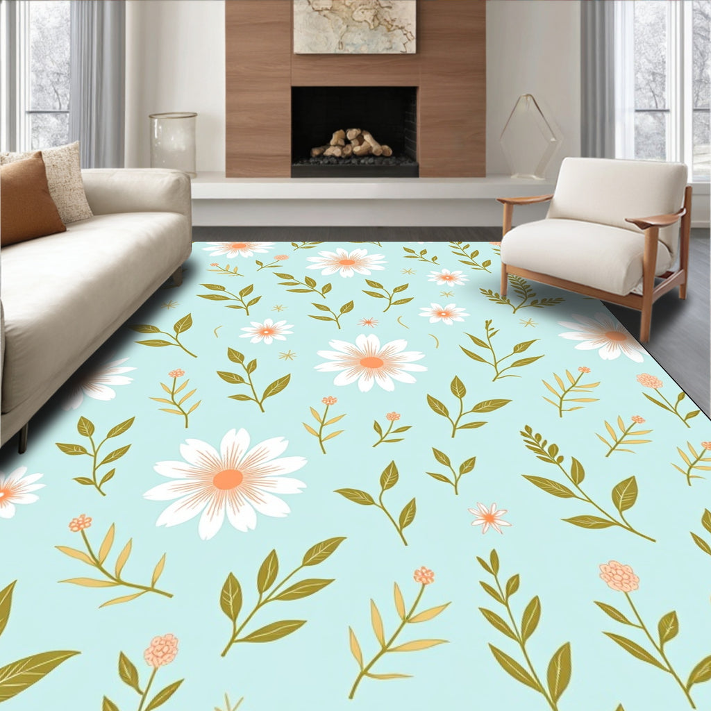 Delicate White Daisy And Leaf Pattern Rug