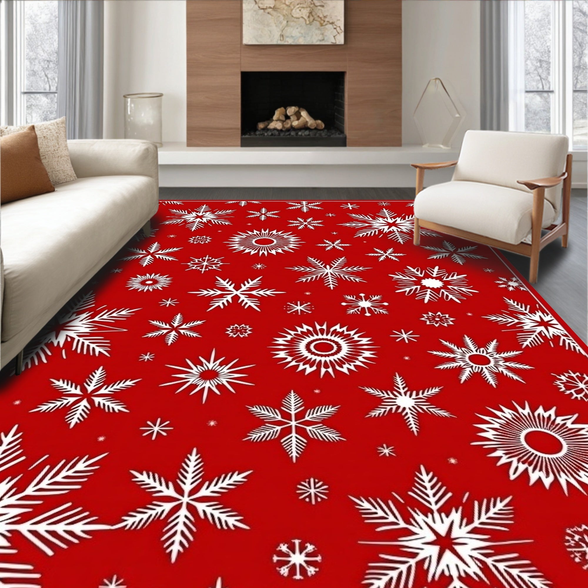 Red Snowflake Pattern Festive Design Rug
