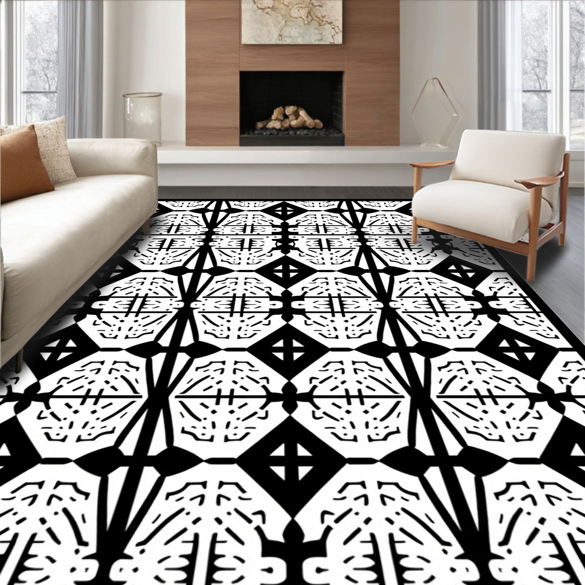 Striking Black White Geometric Motif Rug