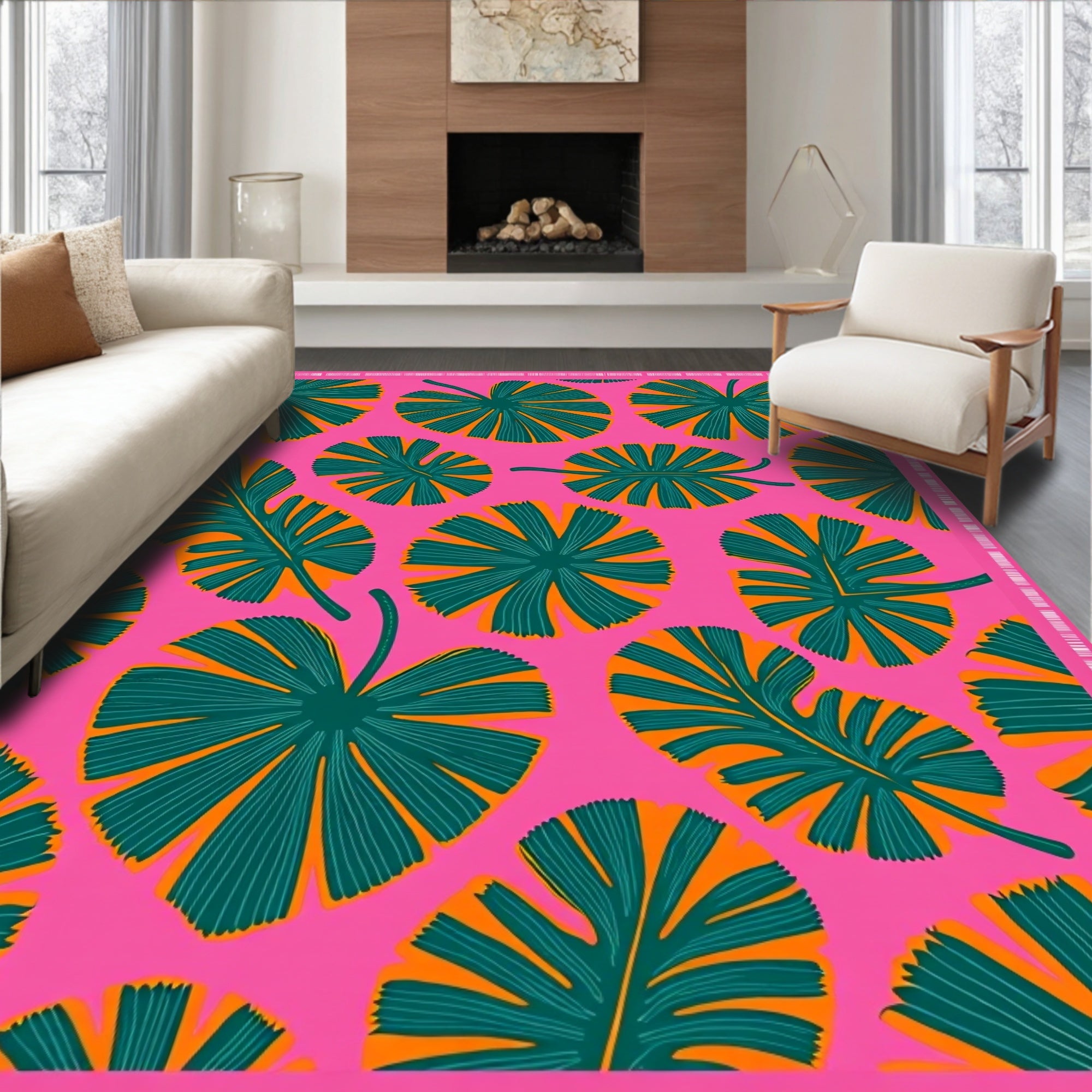 Hot Pink Tropical Leaf Medley Rug