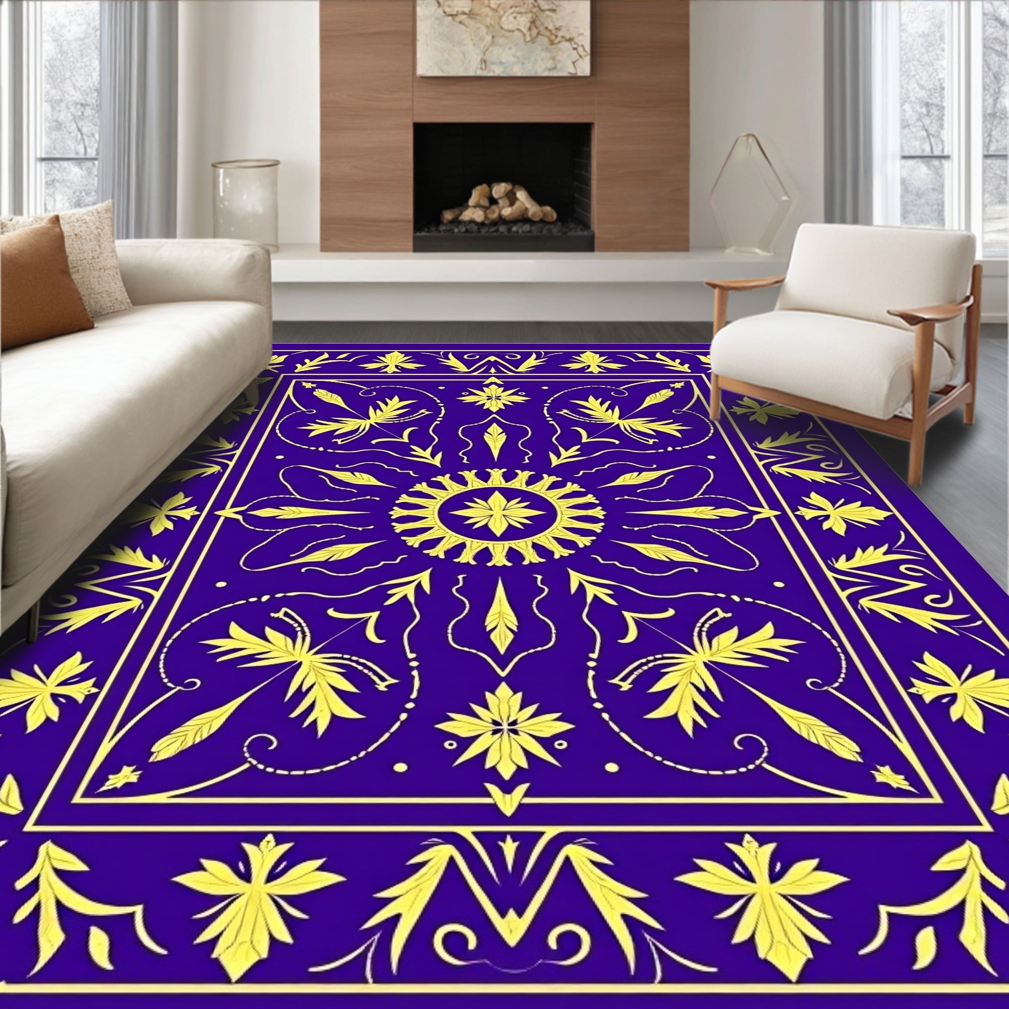Royal Blue Yellow Floral Medallion Design Rug