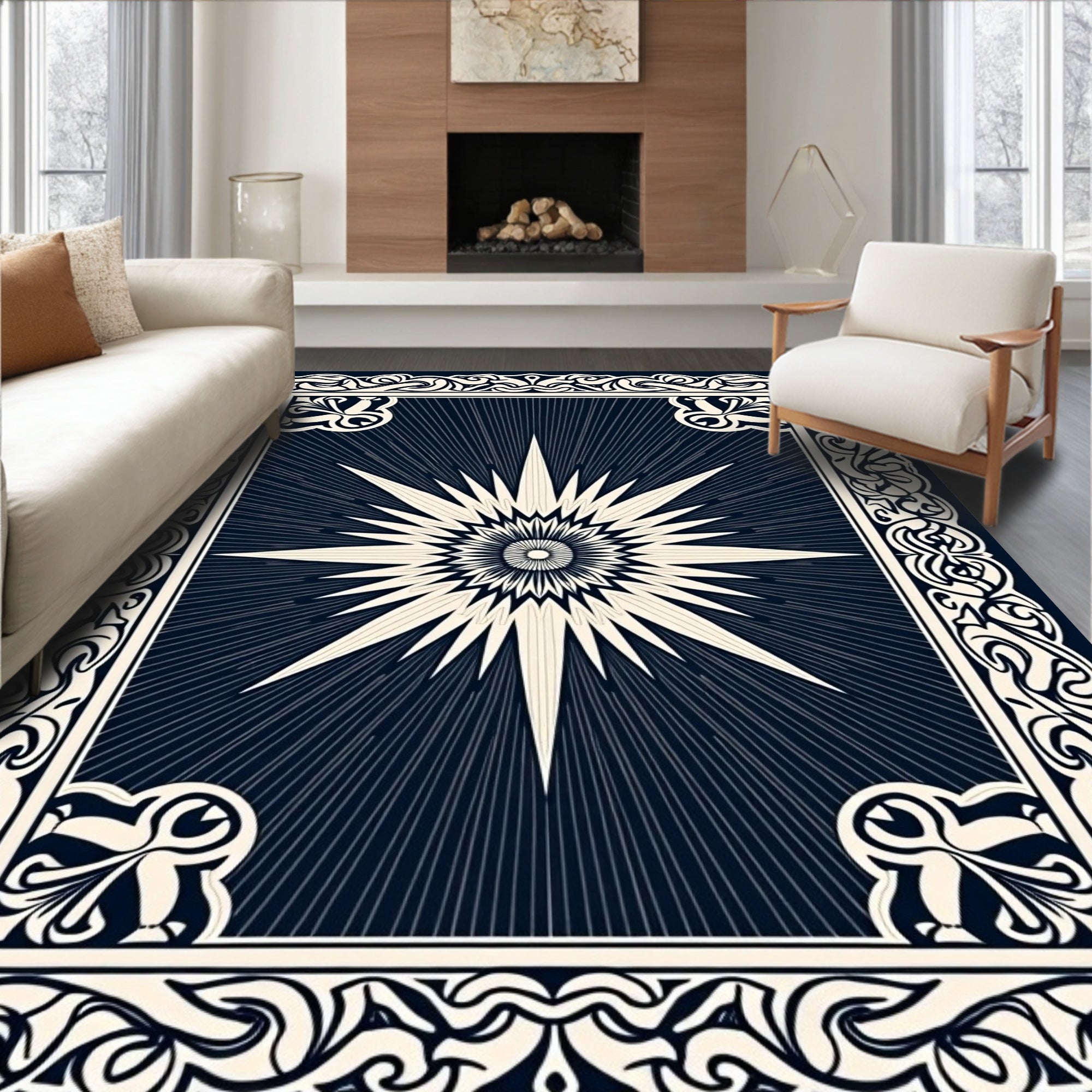 Dark Starburst Intricate Border Design Rug