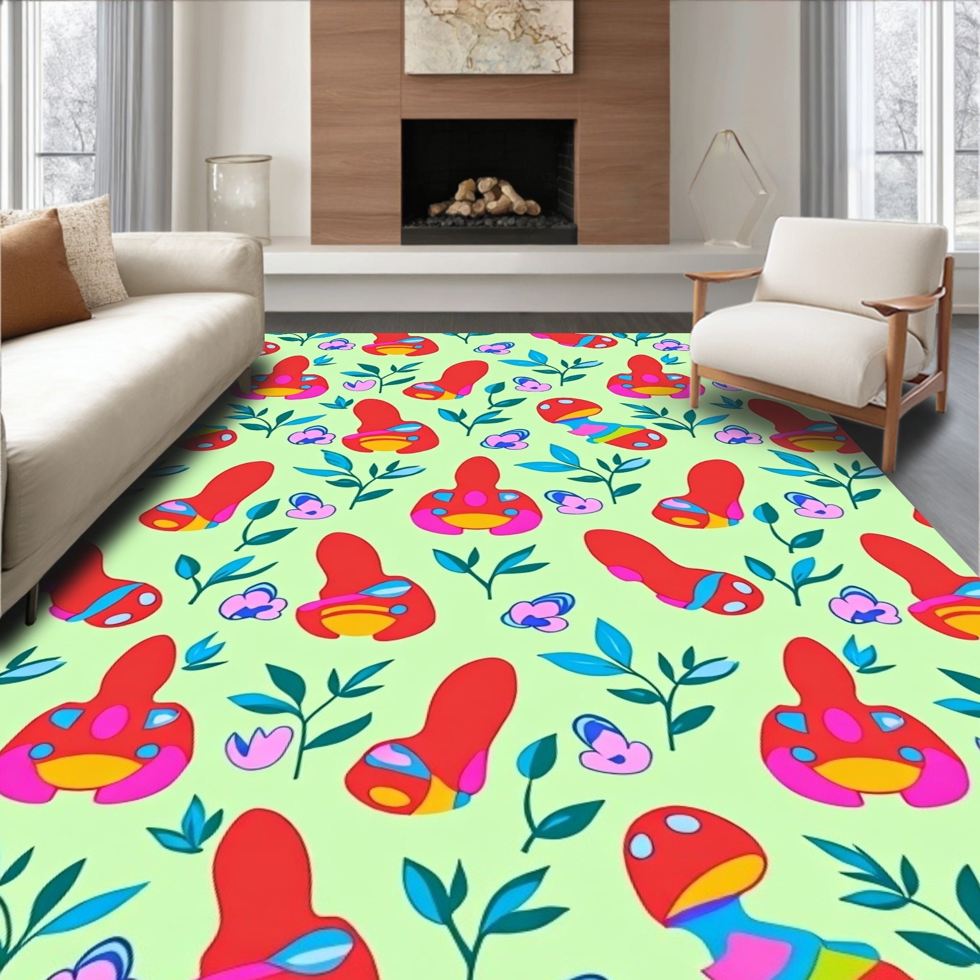 Whimsical Floral And Fungi Pattern Rug