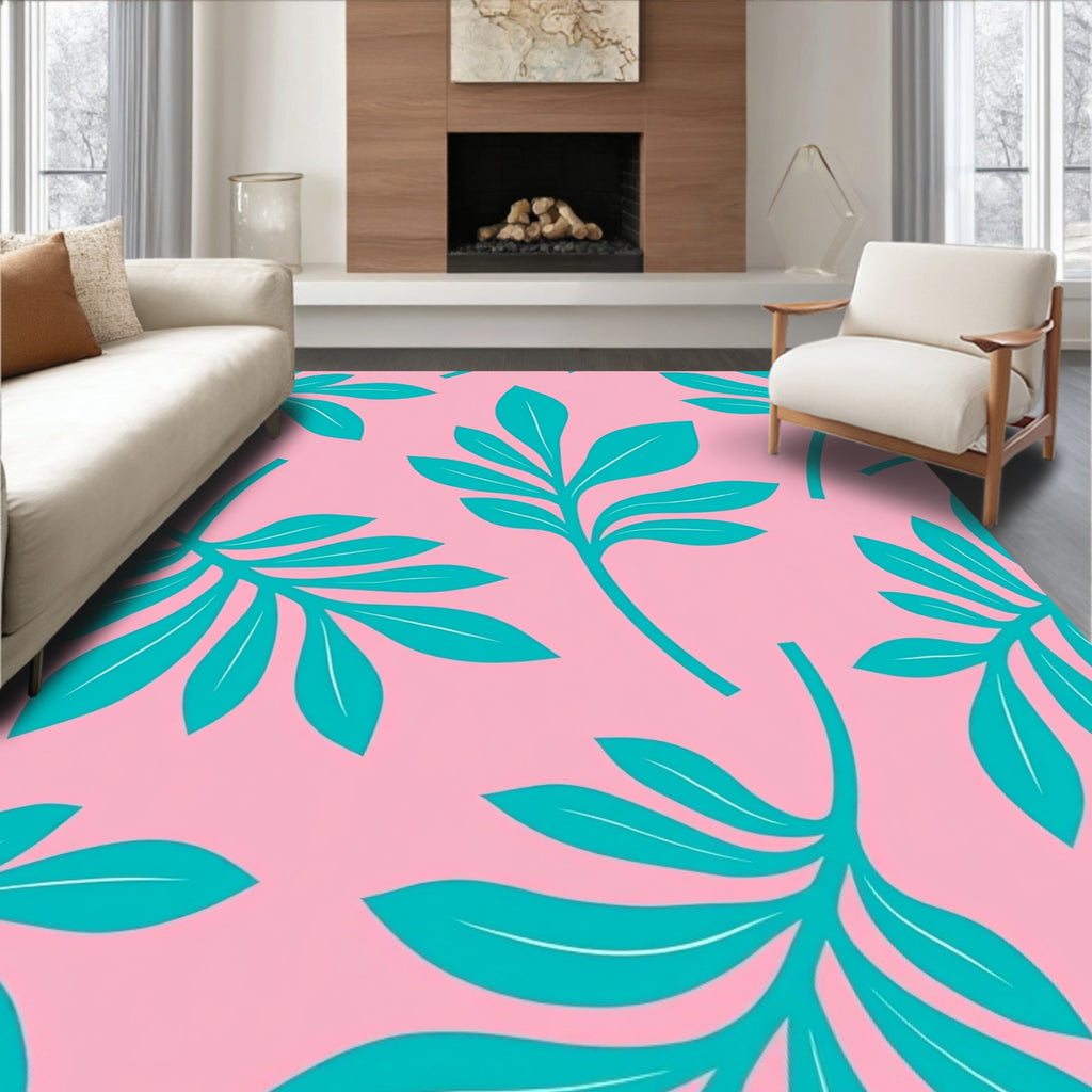 Teal Leaf Pattern With Pink Background Rug