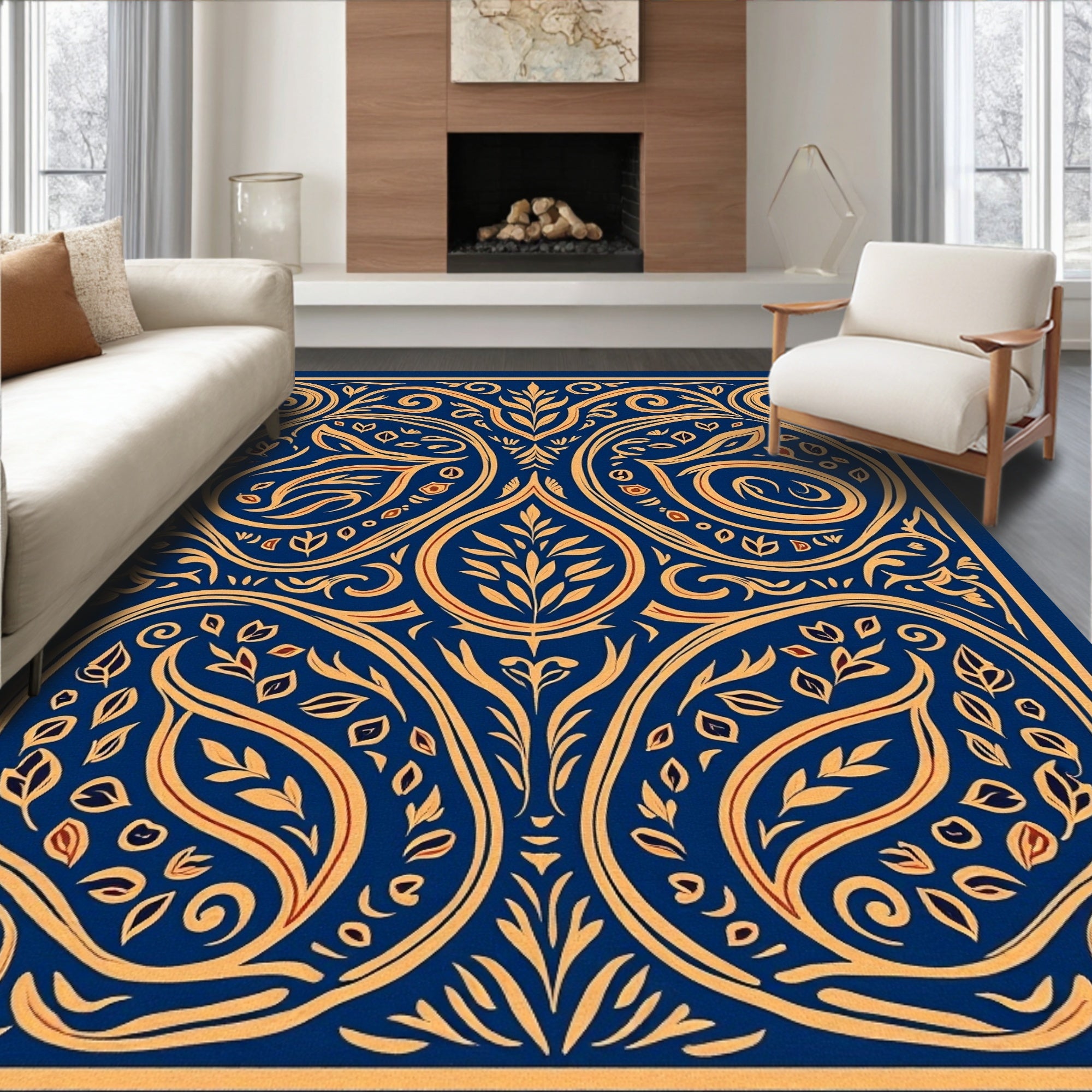 Ornate Floral Scrollwork Indigo Rug