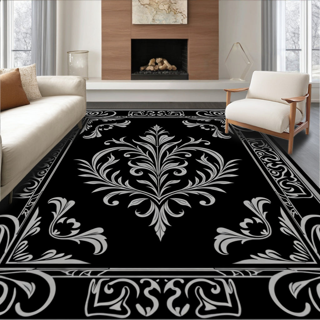 Ornate Black White Floral Damask Rug