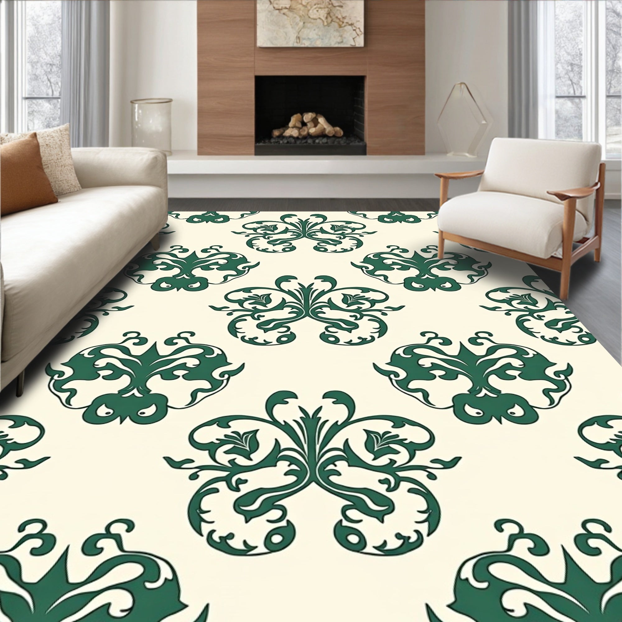 Emerald Flourish Damask Pattern Rug