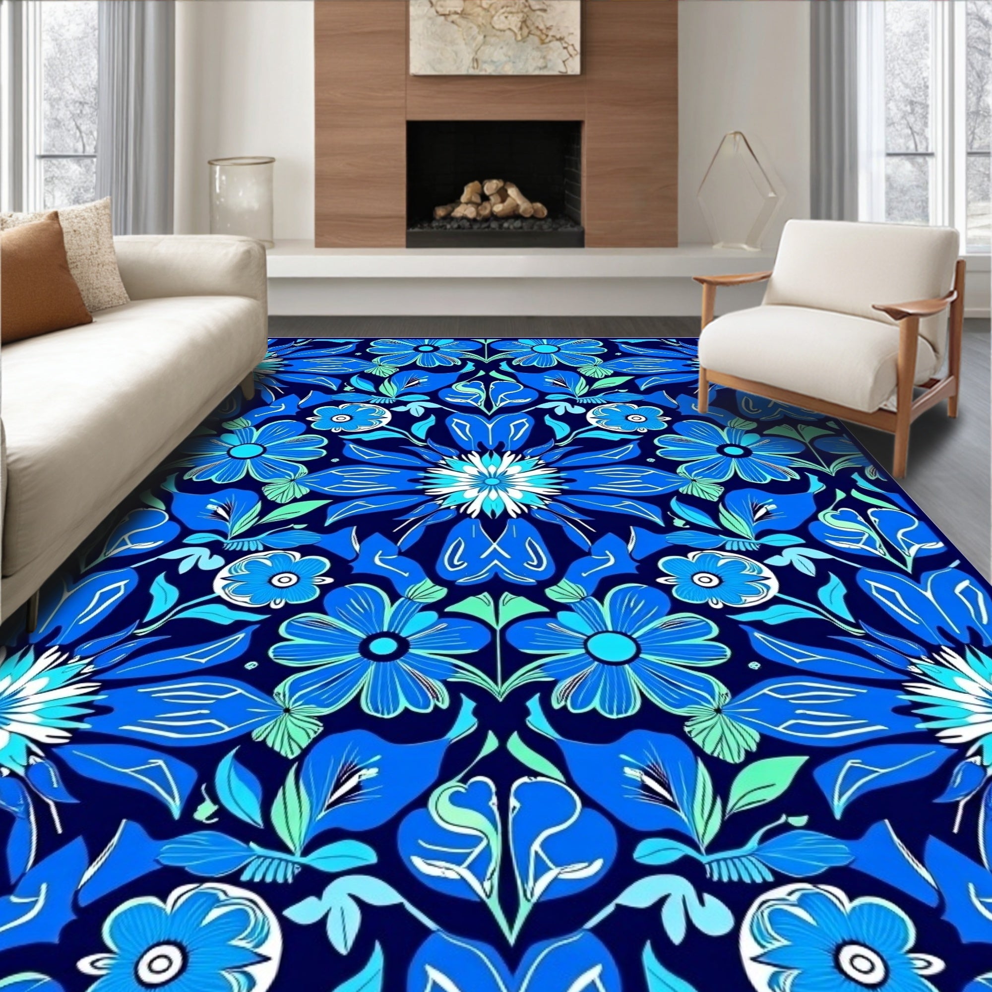 Vibrant Blue Floral Symmetry Rug