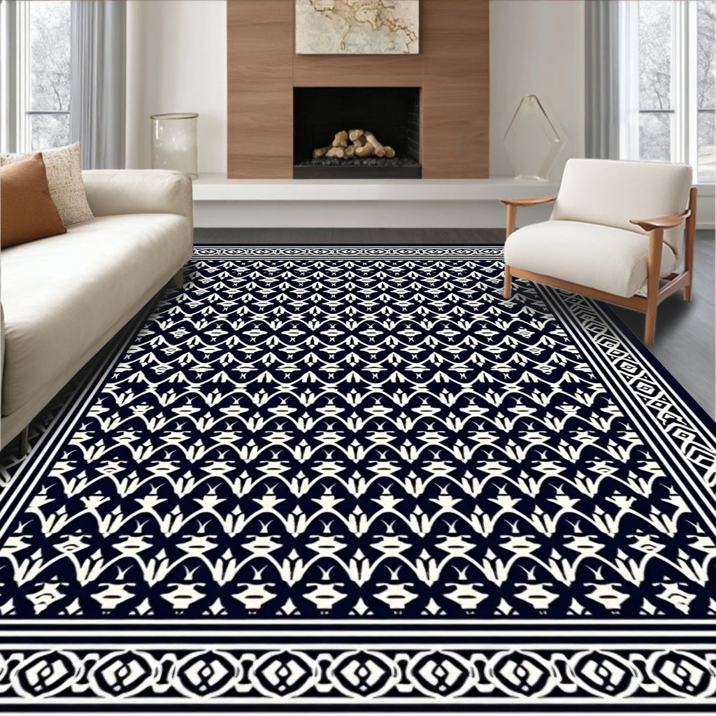Dark White Geometric Leaf Pattern Rug