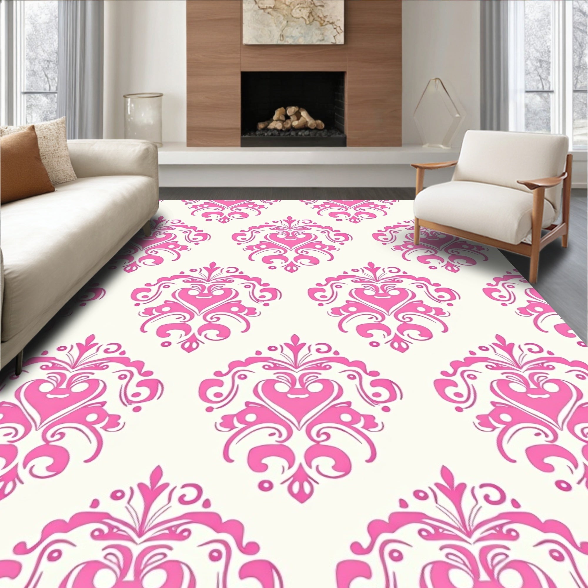 Elegant Pink Damask Pattern Rug