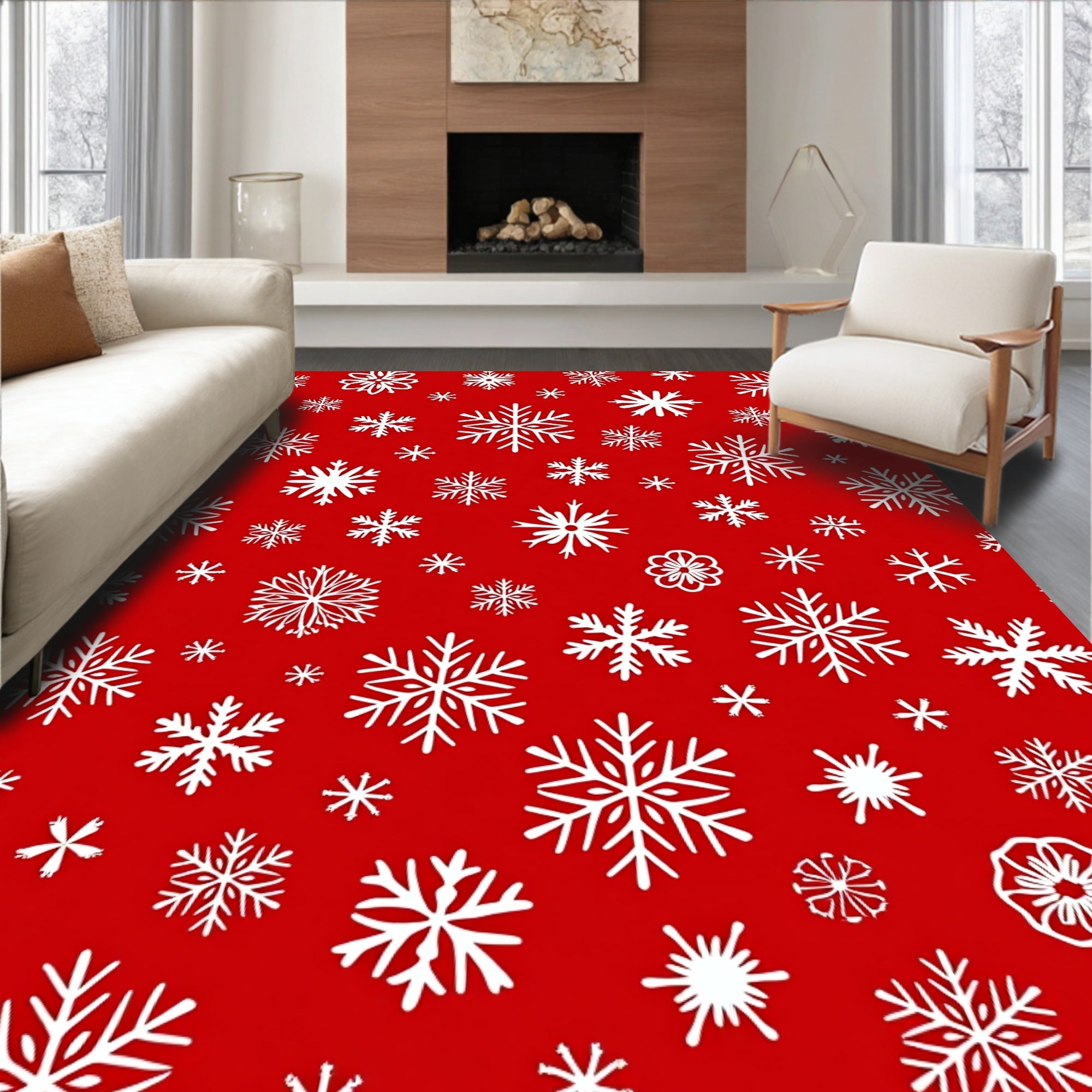 Christmas Snowflake Patterned White Red Rug