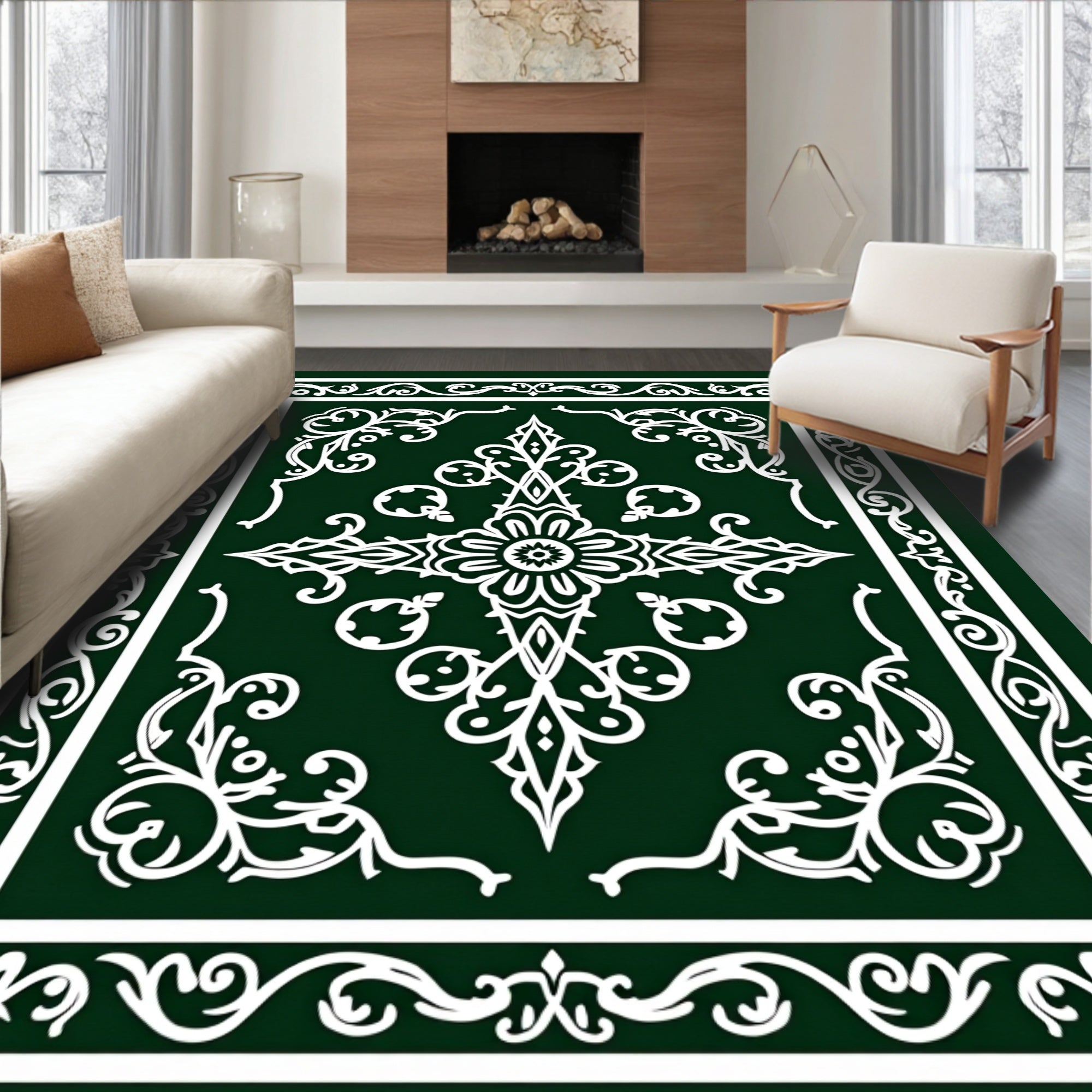 Elegant White Floral Vine Pattern Rug