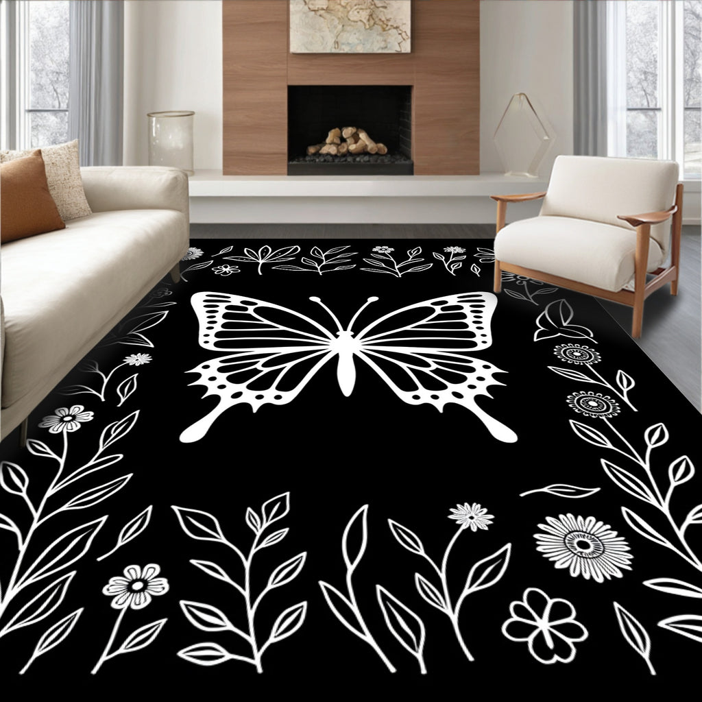 White Butterfly Floral Border Rug