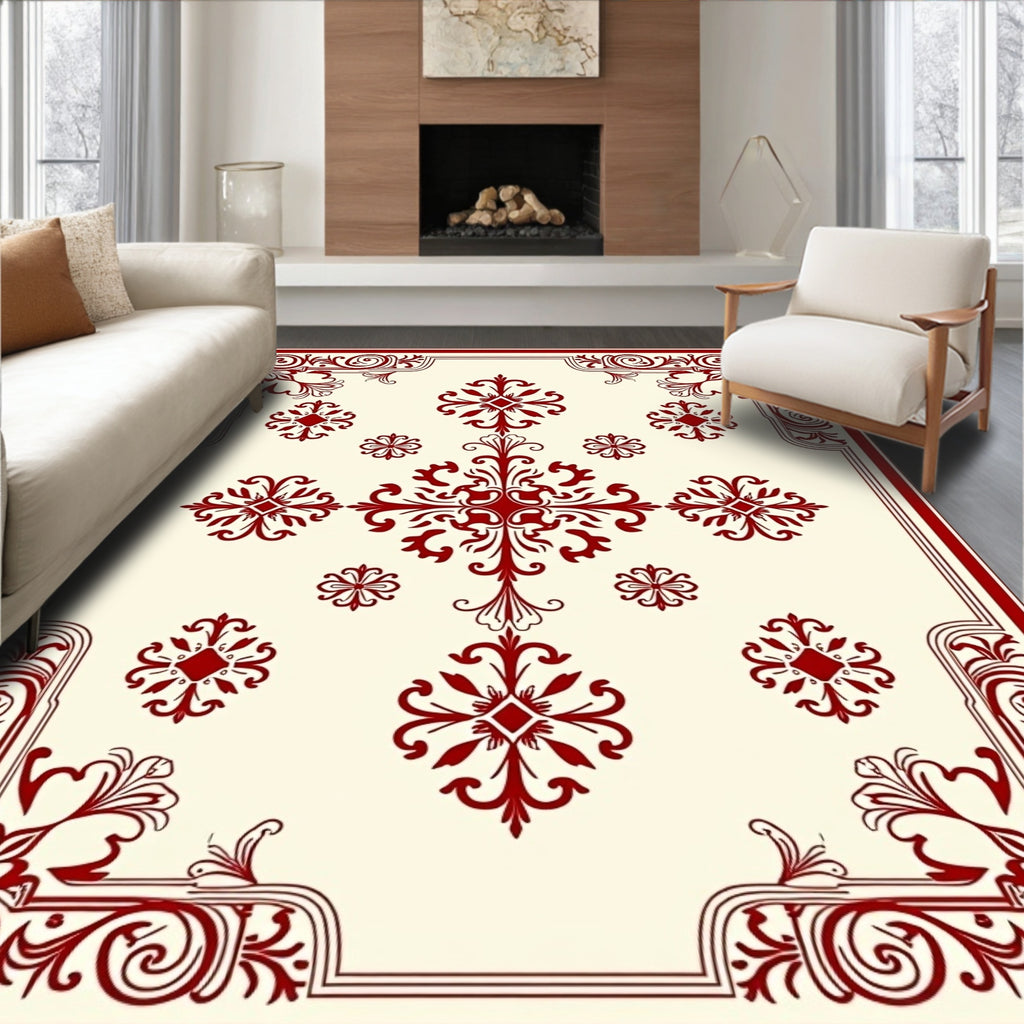 Traditional Red Cream Damask Rug