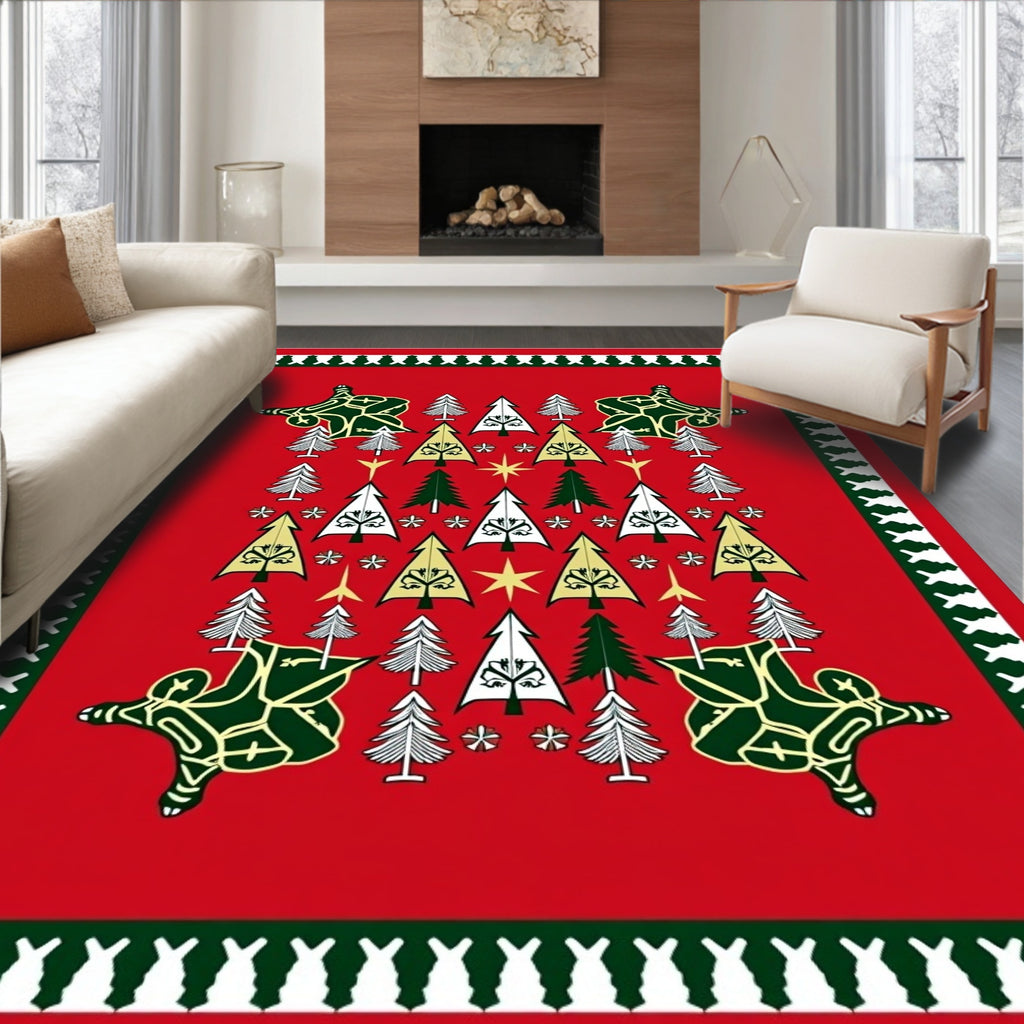 Red Festive Trees Animals Design Rug