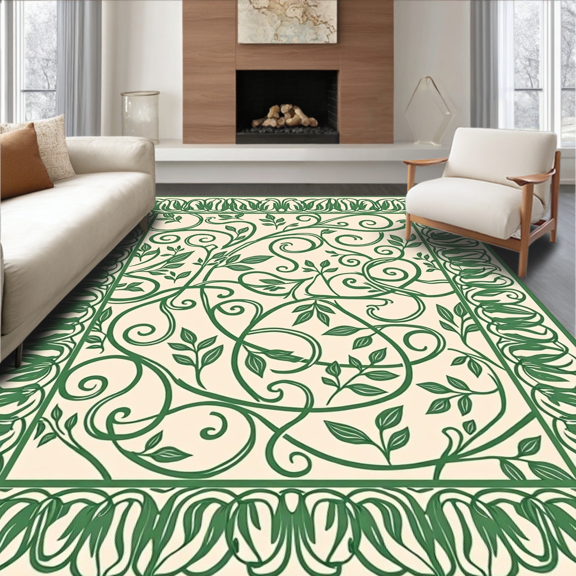 Elegant Green Vine Scrollwork Pattern Rug