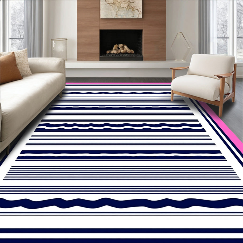 Navy White Striped Wave Pattern Rug