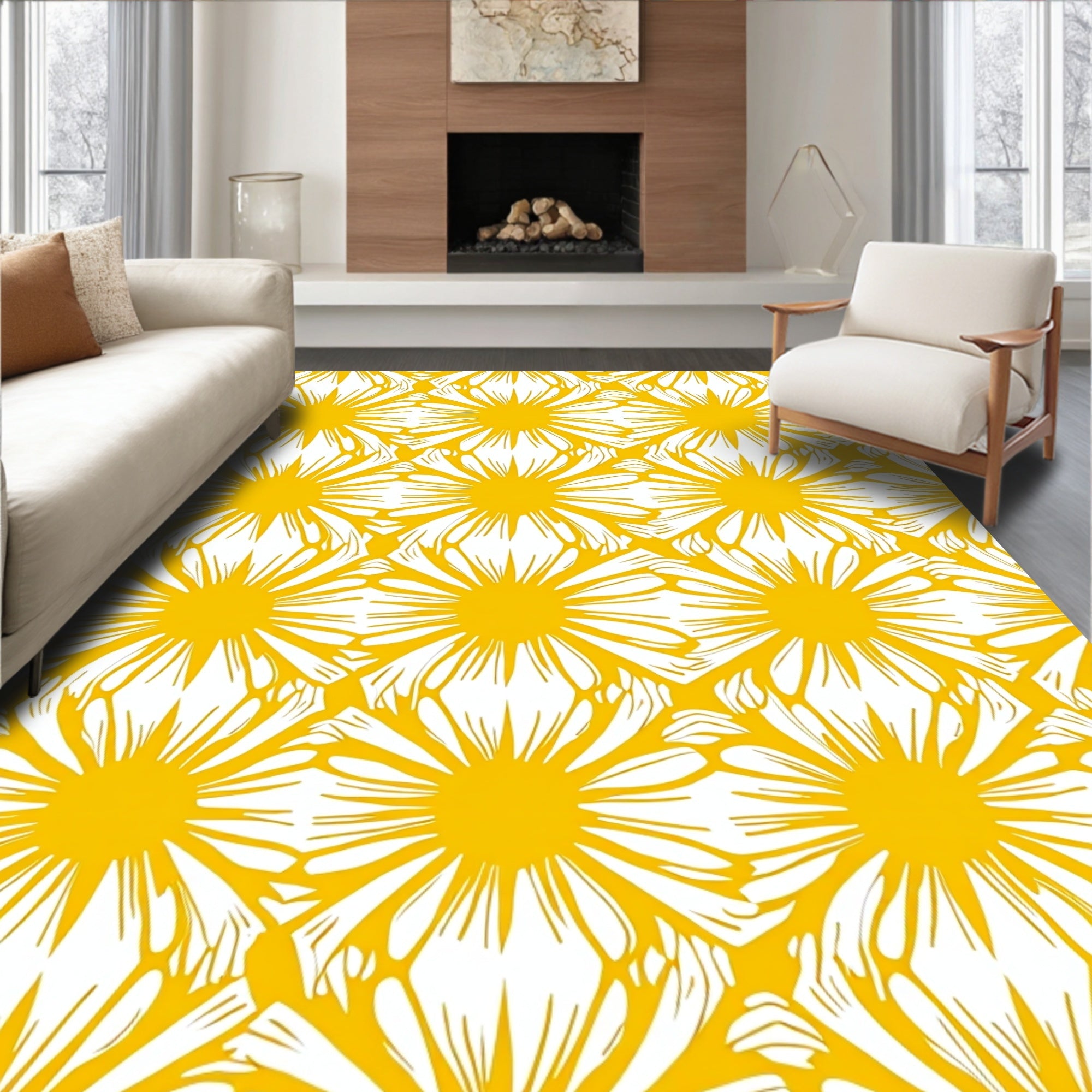 Bold Yellow Floral Pattern Design Rug