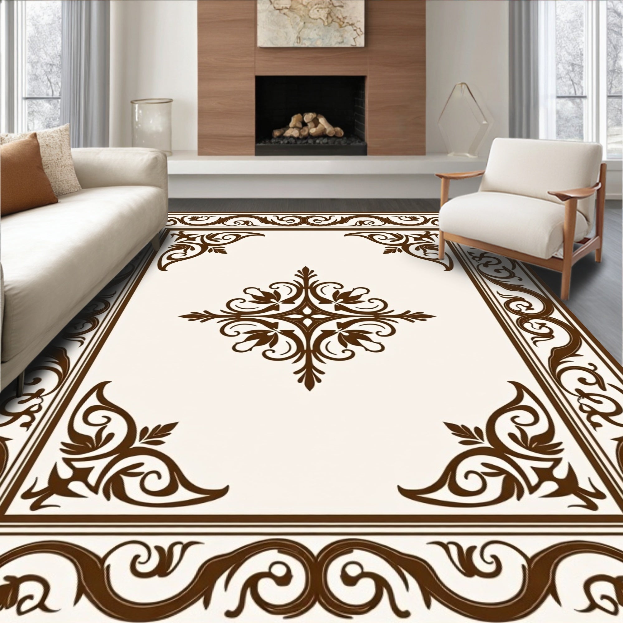 Traditional Brown Floral Scroll Rug