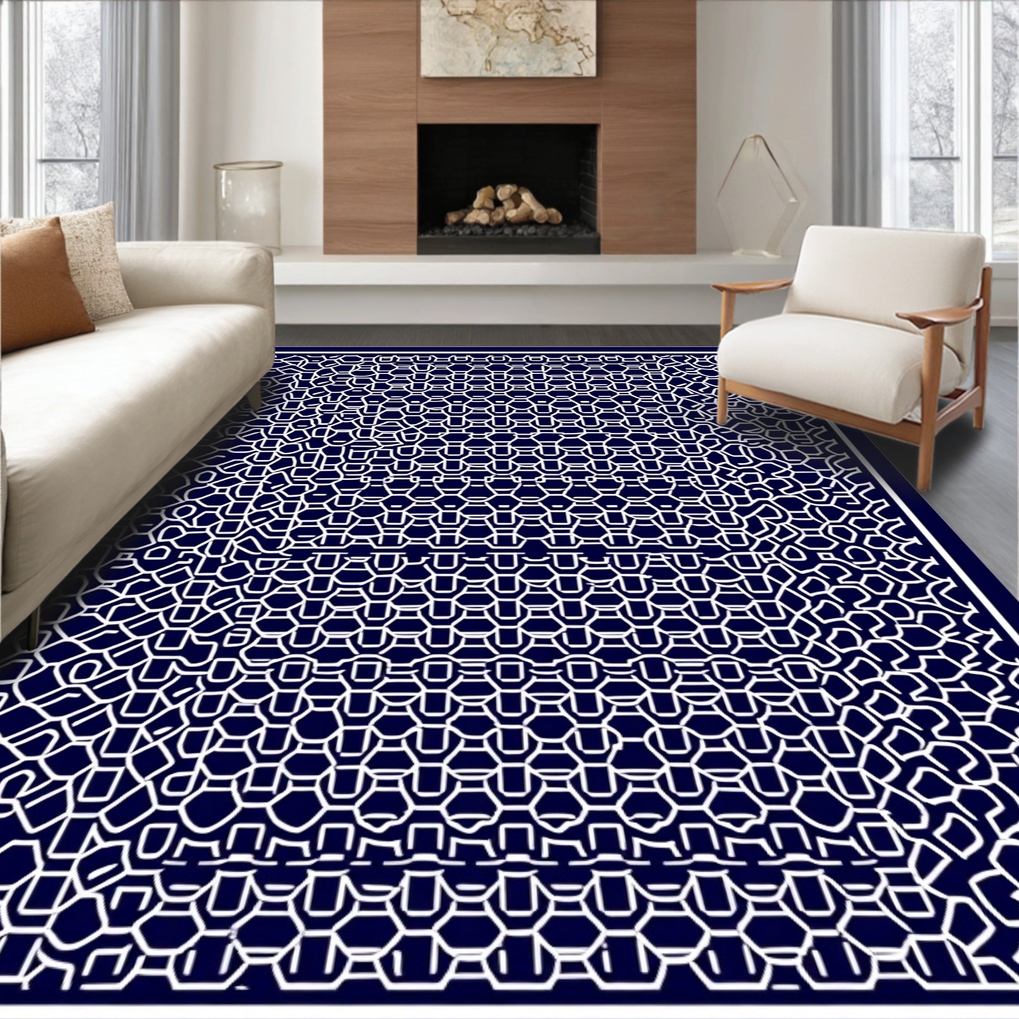 White Geometric Hexagonal Grid Design Rug