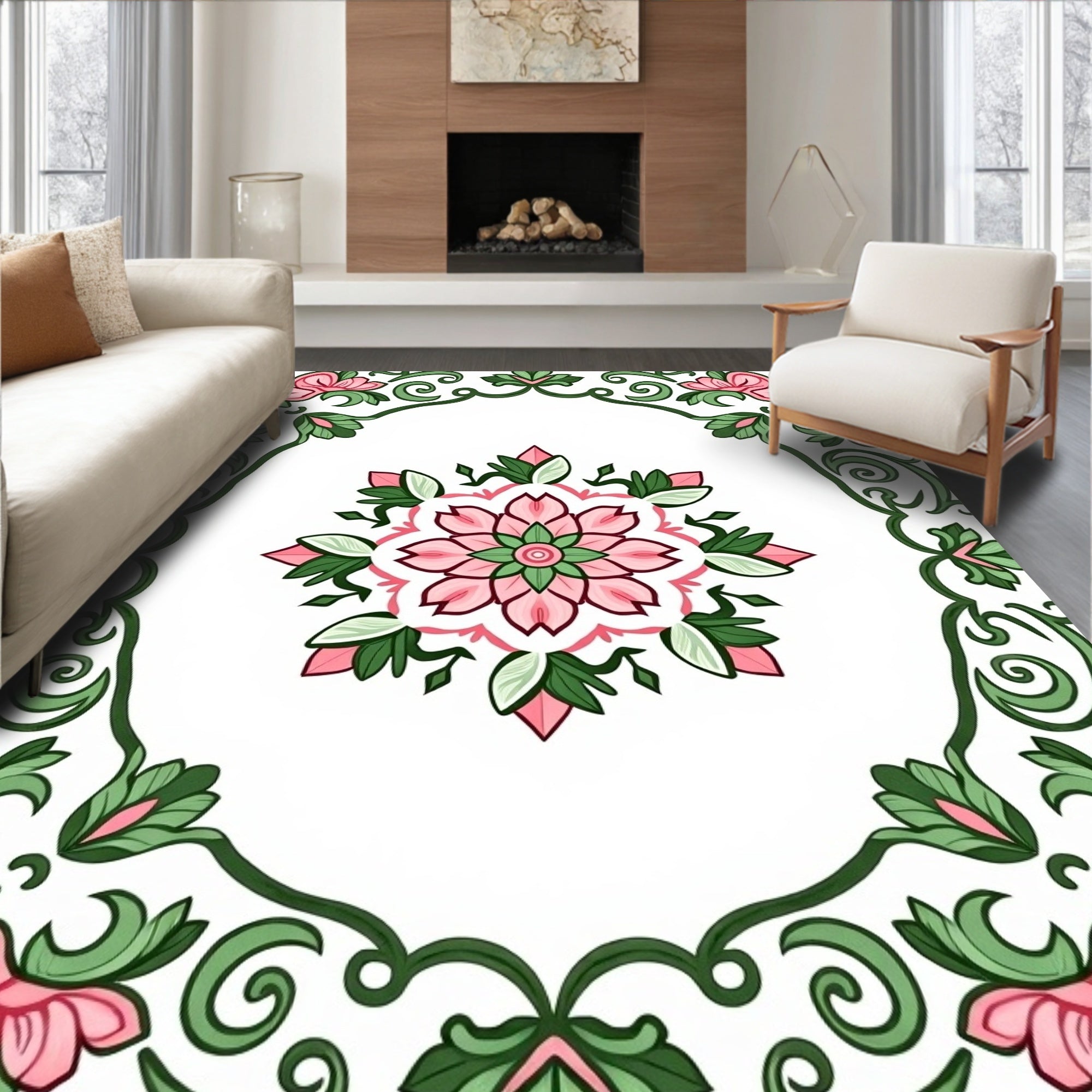 Pink Floral Swirl Frame Design Rug