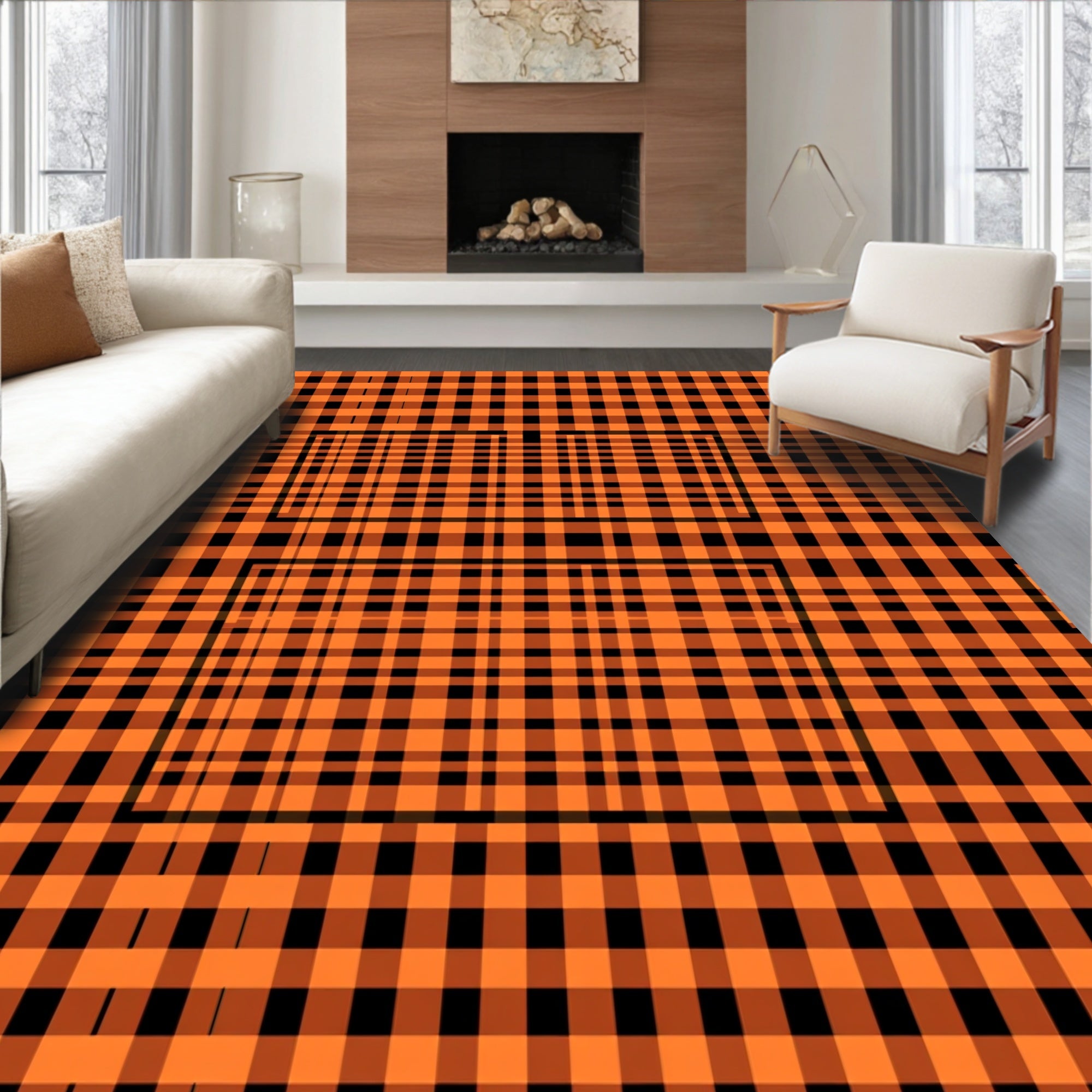 Bold Orange Black Plaid Pattern Rug