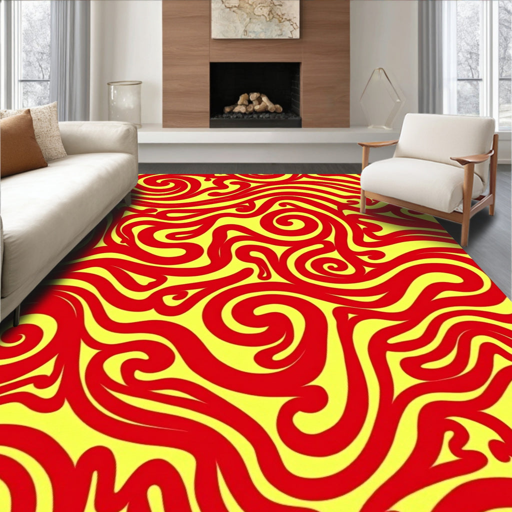 Vibrant Red Yellow Swirls Pattern Rug