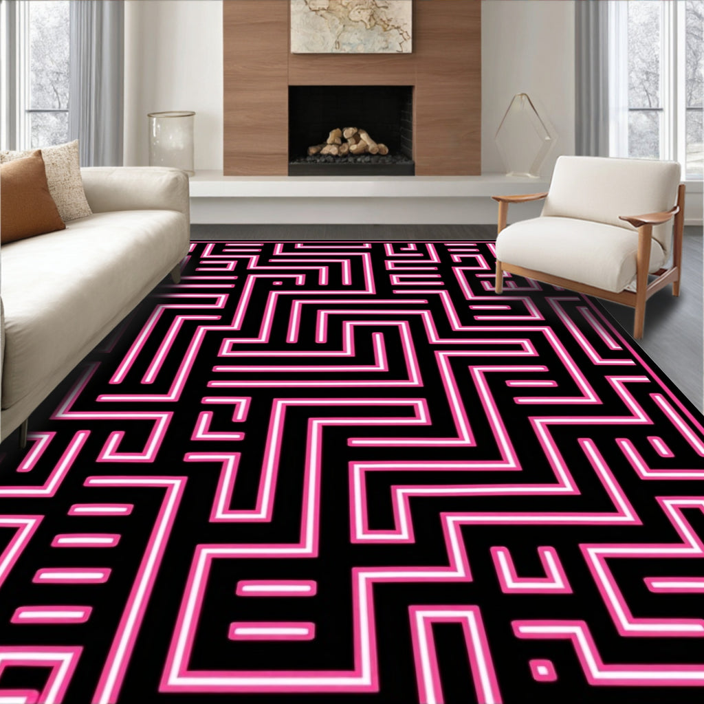 Black Pink Maze Pattern Rug